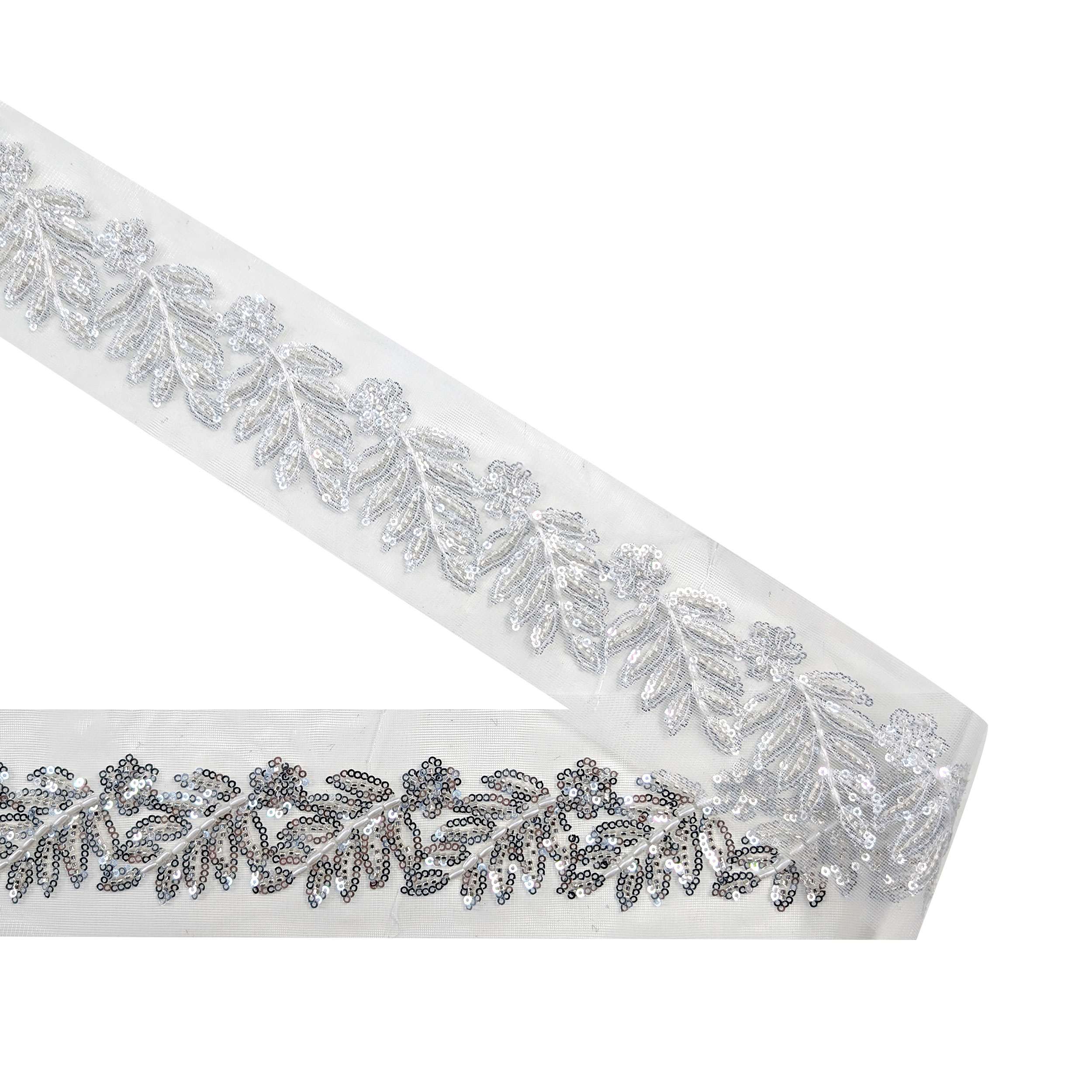 Passamaneria Tulle Foglie Paillettes e Perline Argento Image