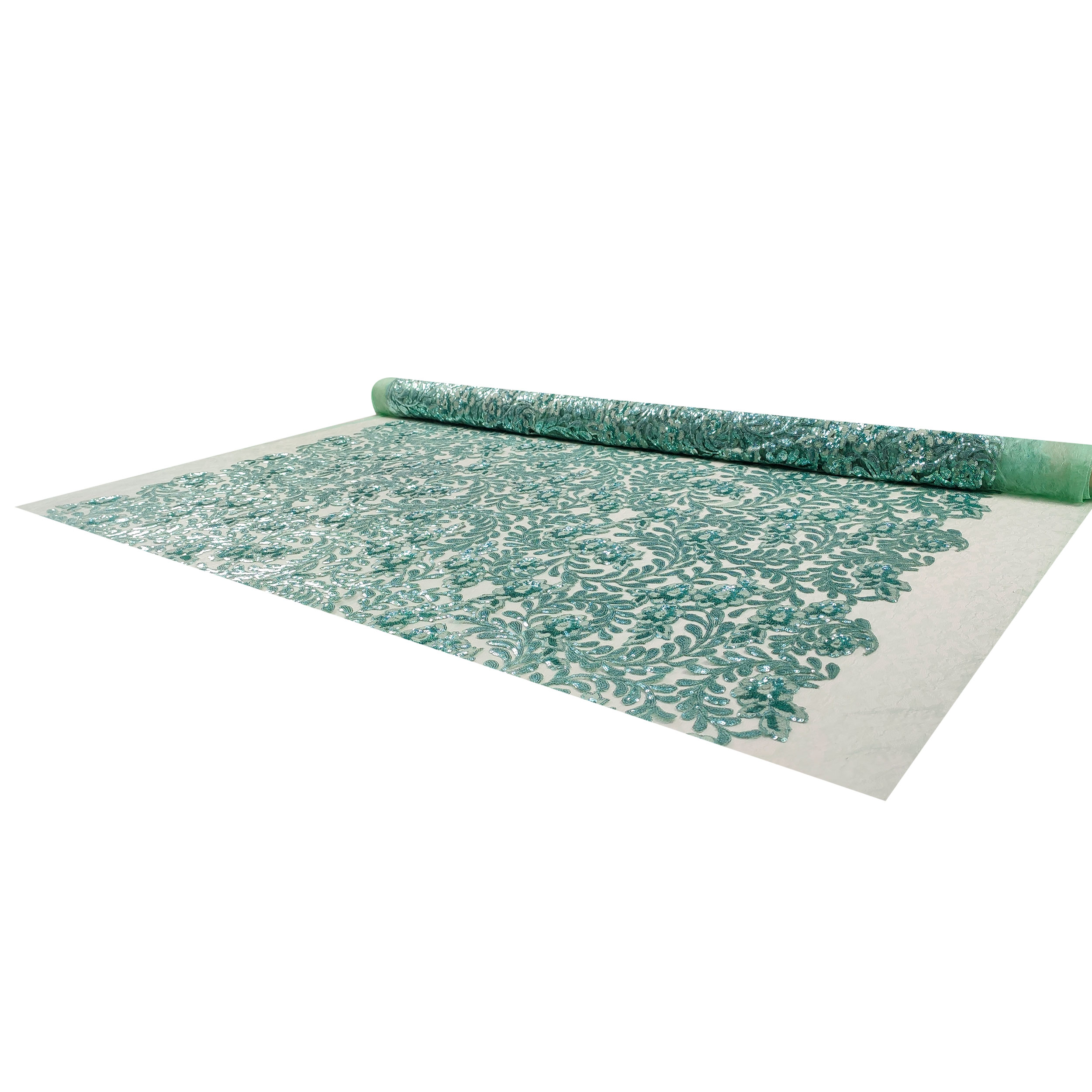 Tulle Ricamato Fiori con Paillettes Verde Acqua