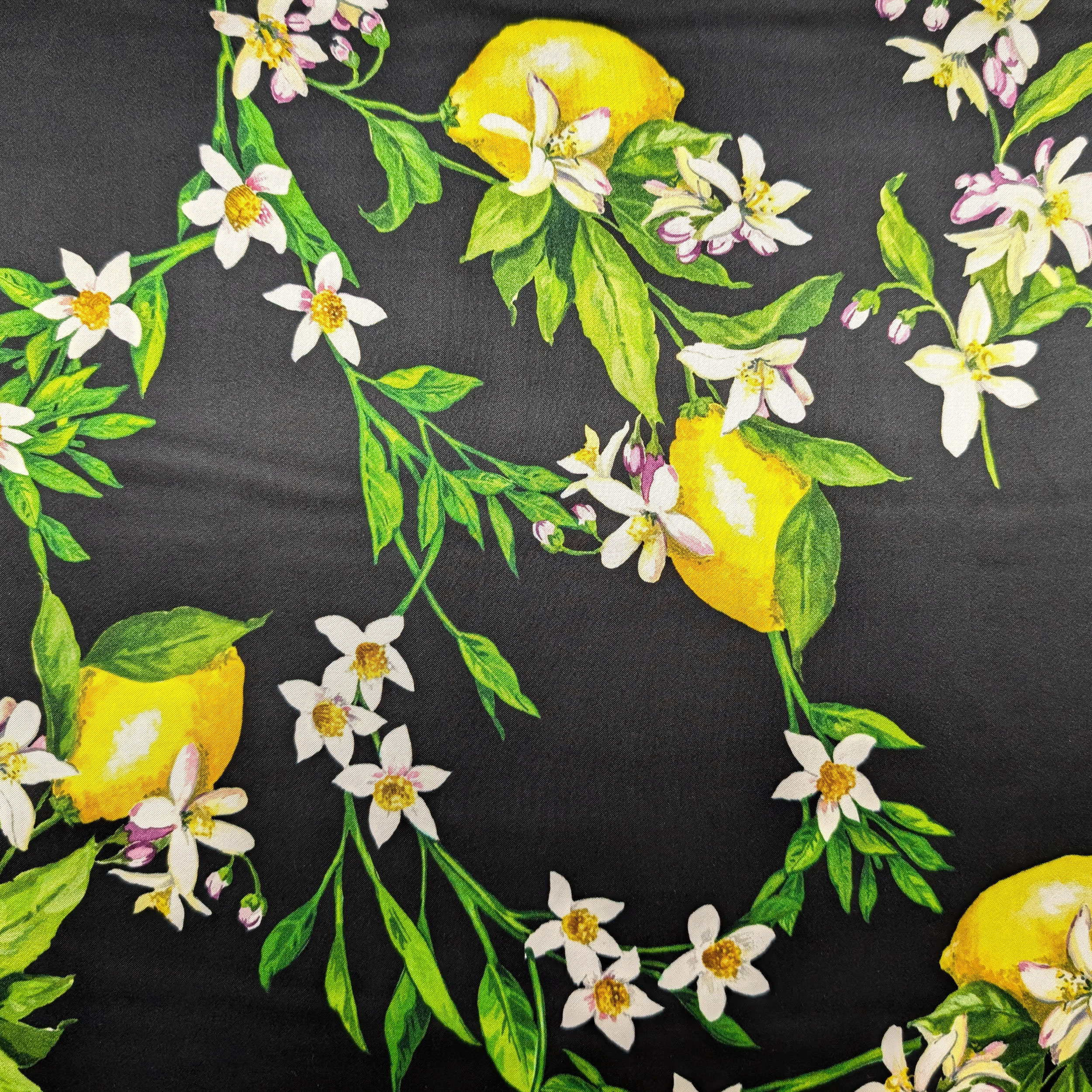 Raso Seta Viscosa Naturale Nero Fiori e Limoni Image