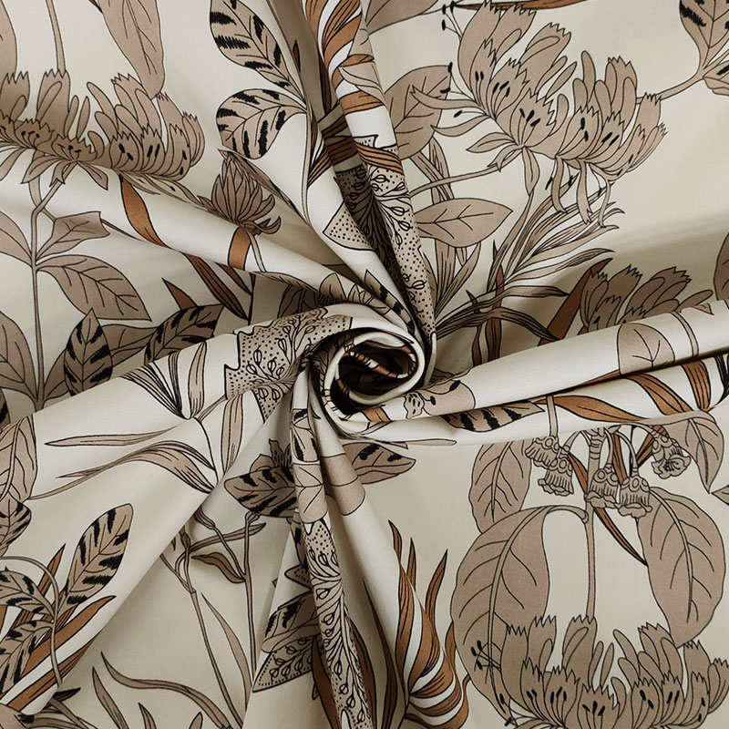 Tessuto Cotone Elasticizzato Foglie Beige