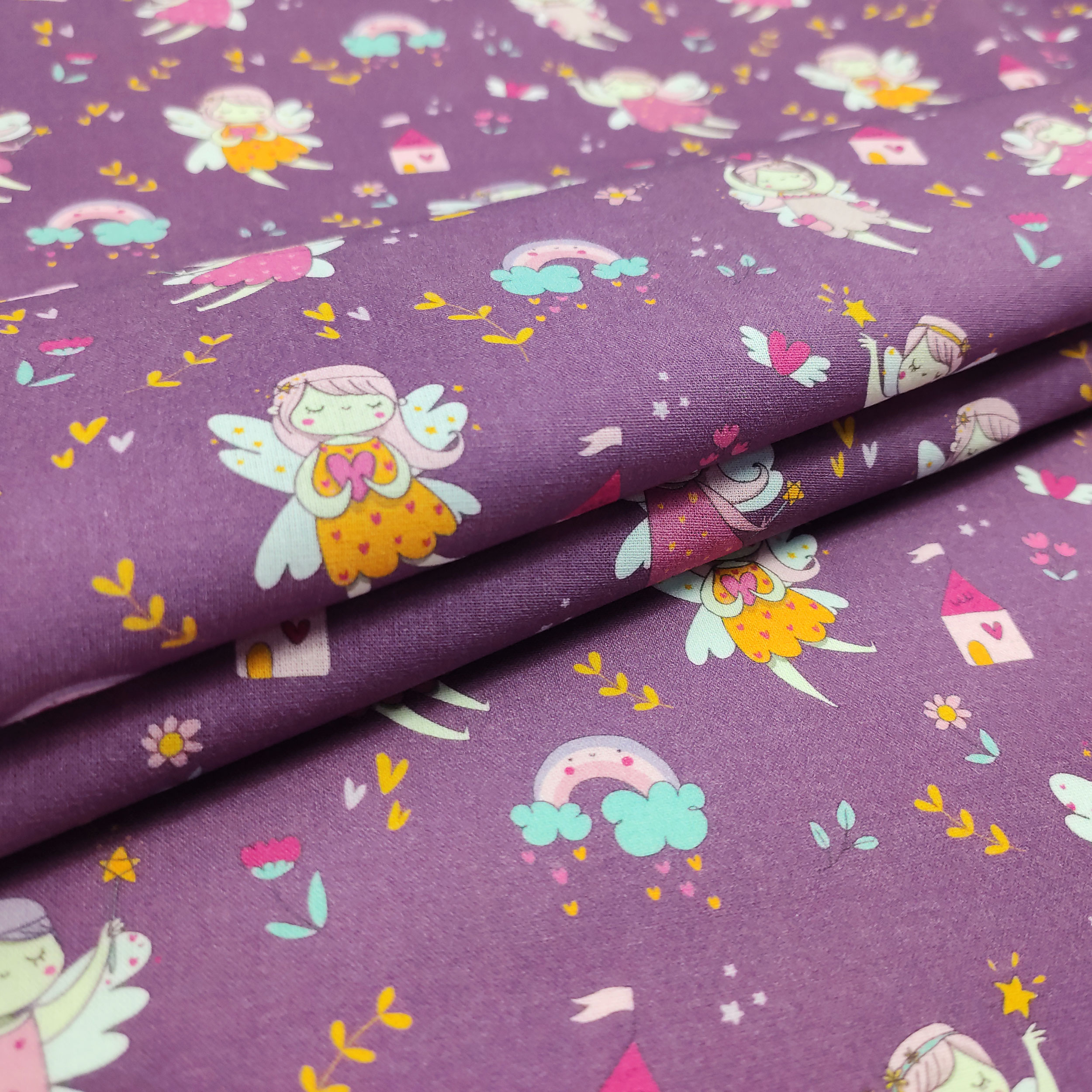 Ritaglio Cotone Fatine Piccole Sfondo Lilla 50x150 cm