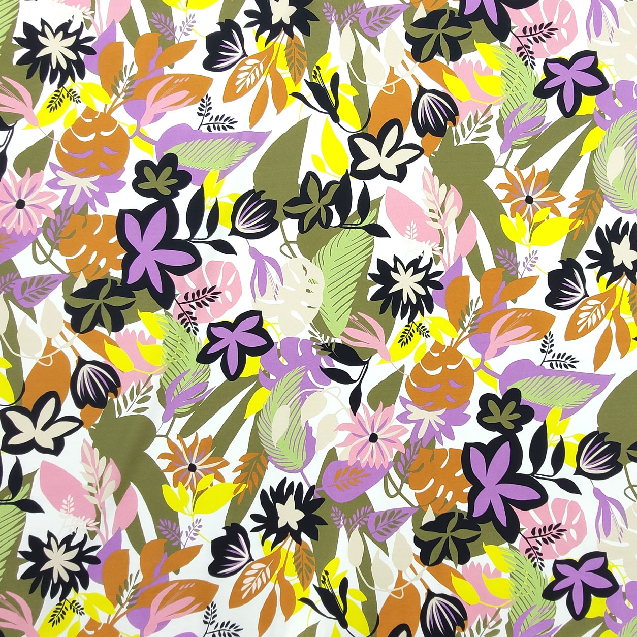 Rasatello di cotone fantasia fiori foglie tropicali