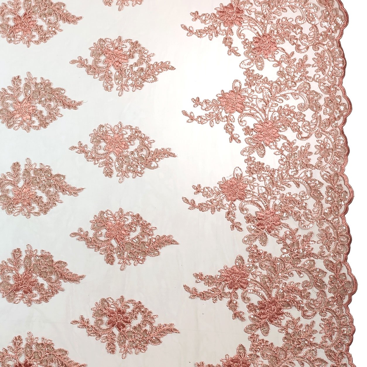 Tessuto Tulle Ricamo Paillettes Doppio Smerlo Corallo