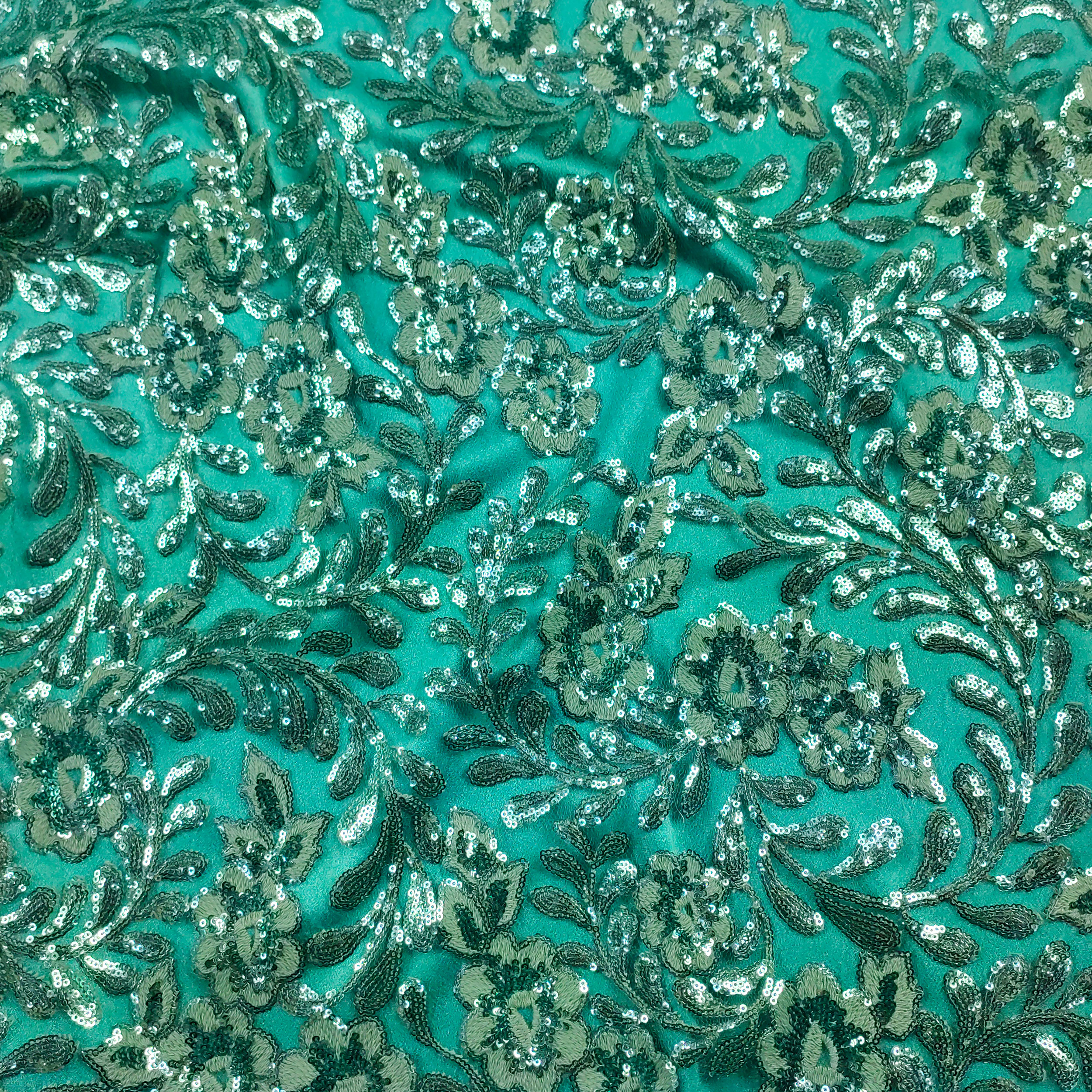 Tulle Ricamato Fiori con Paillettes Verde Acqua