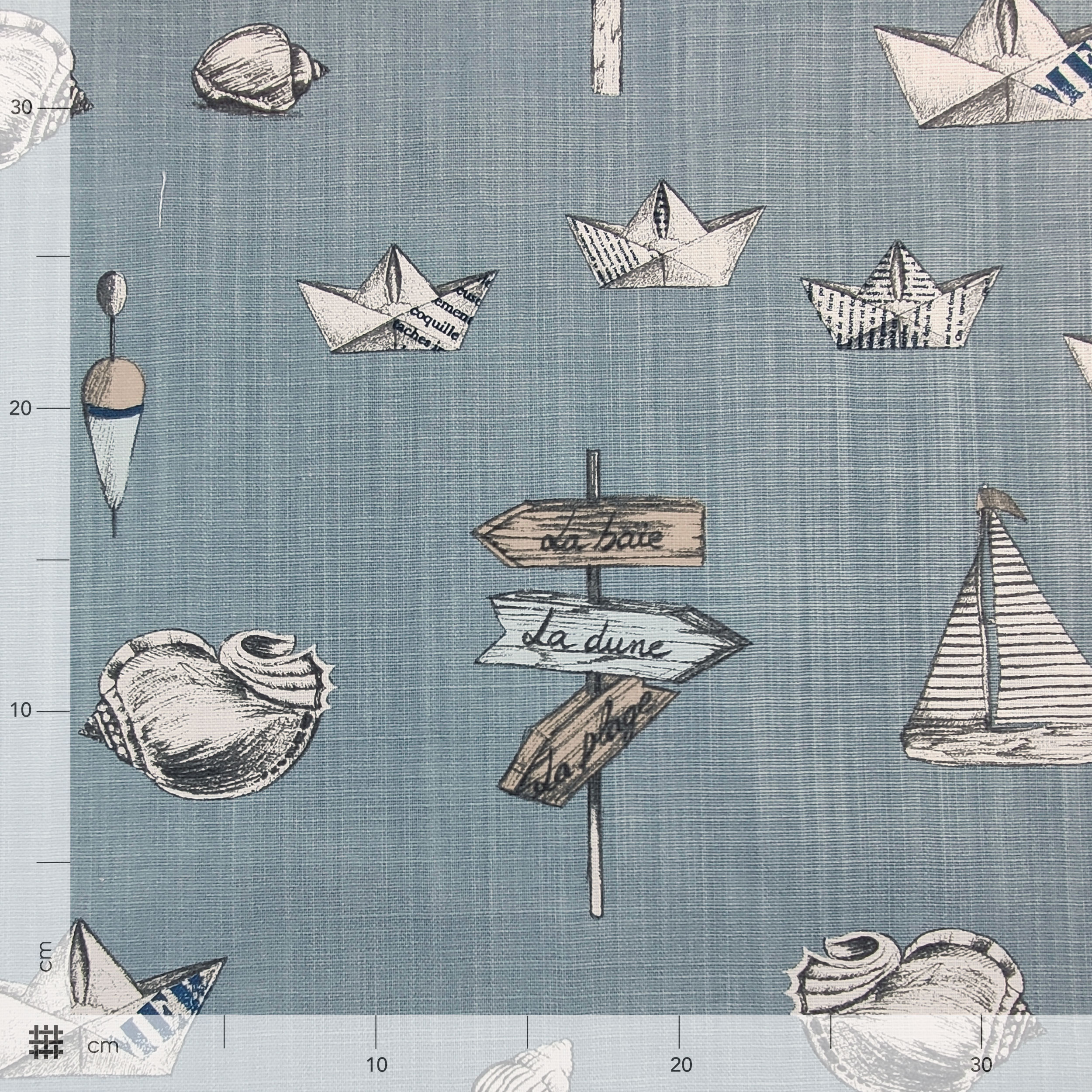 Cotone e Lino Barche e Conchiglie Sfondo Celeste