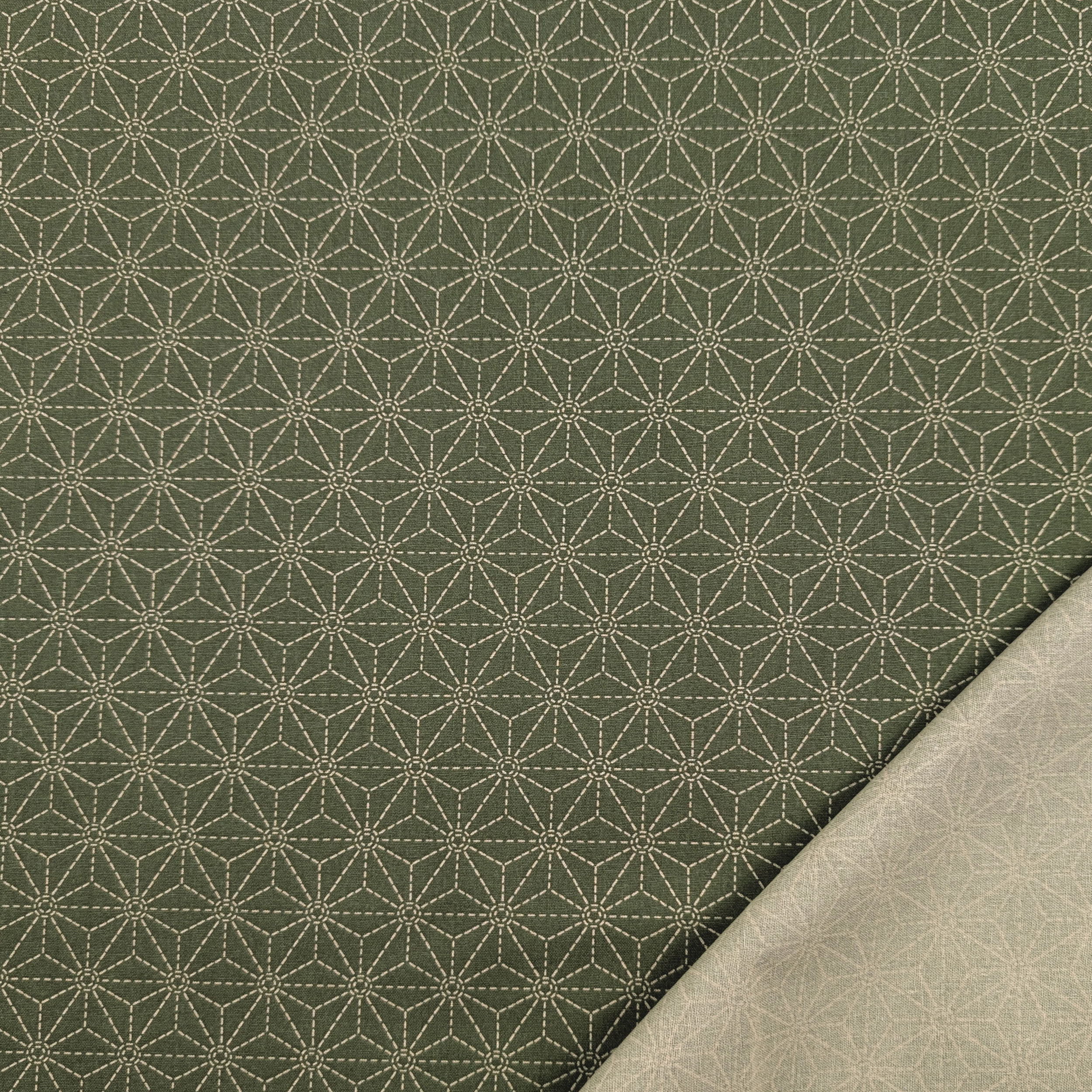 Popeline Cotone Oliva con Stelle Geometriche Image