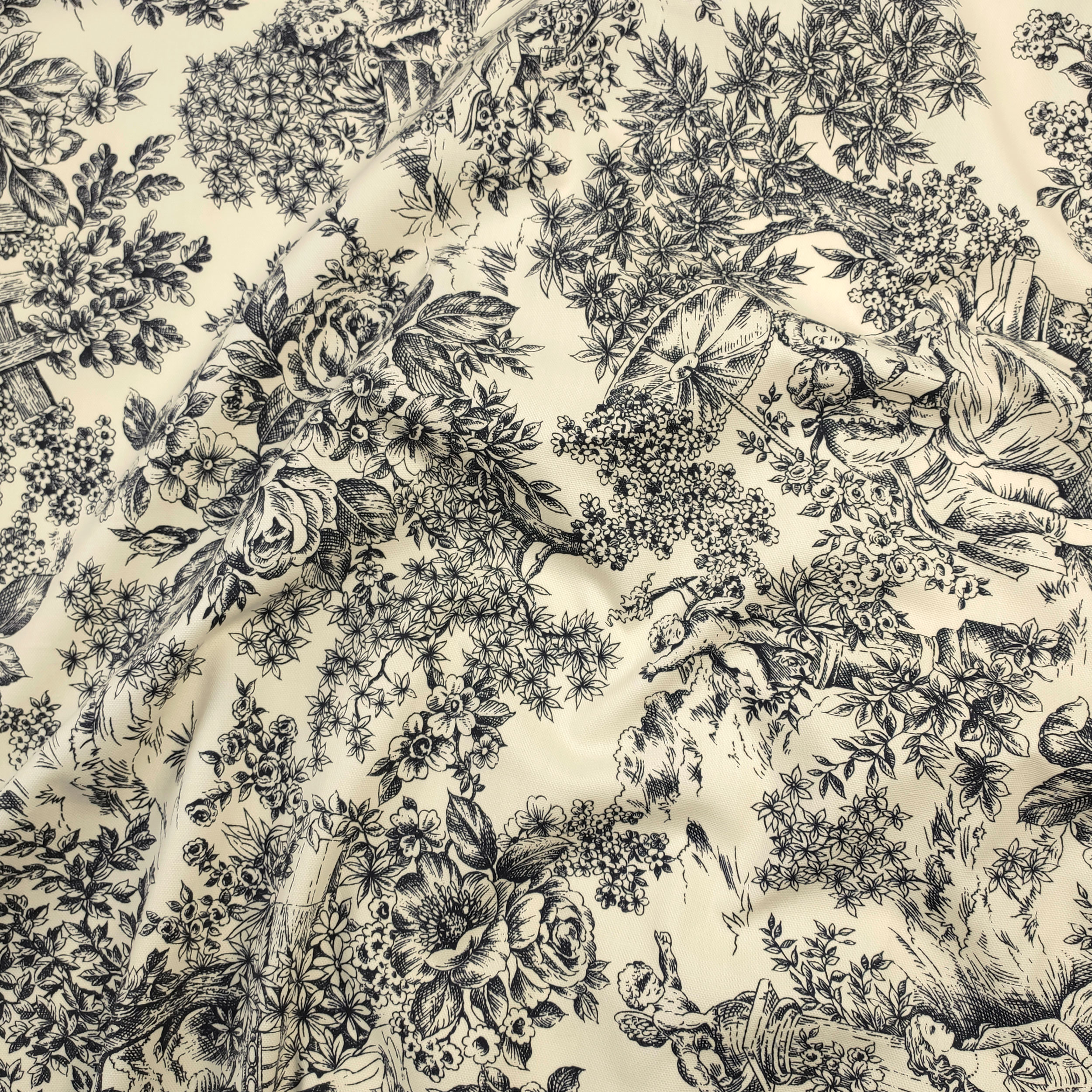 Tessuto Panama Toile De Jouy Nero Sfondo Panna