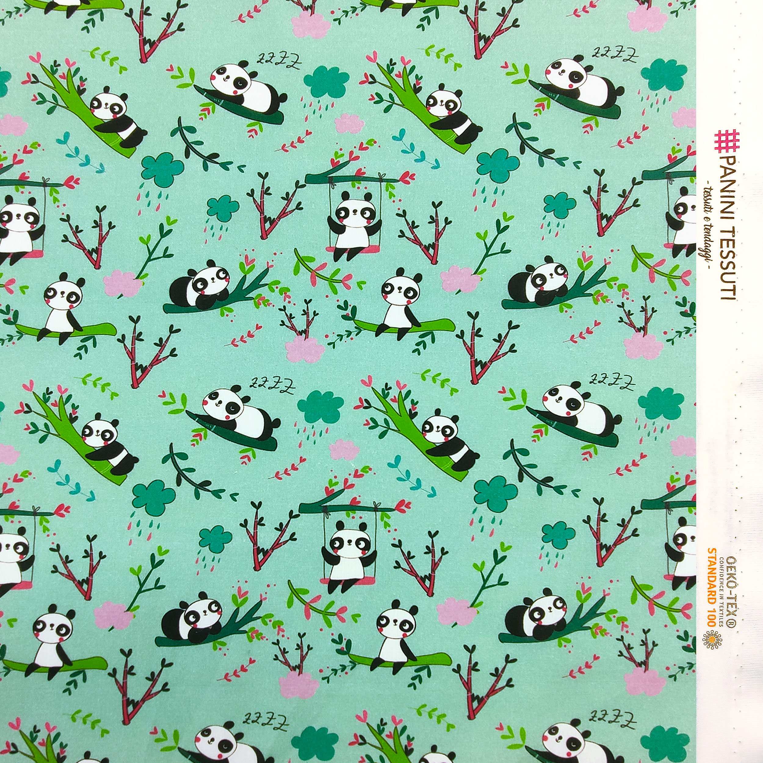 Ritaglio Cotone Panda Piccoli Sfondo Verde Menta 50x150 cm