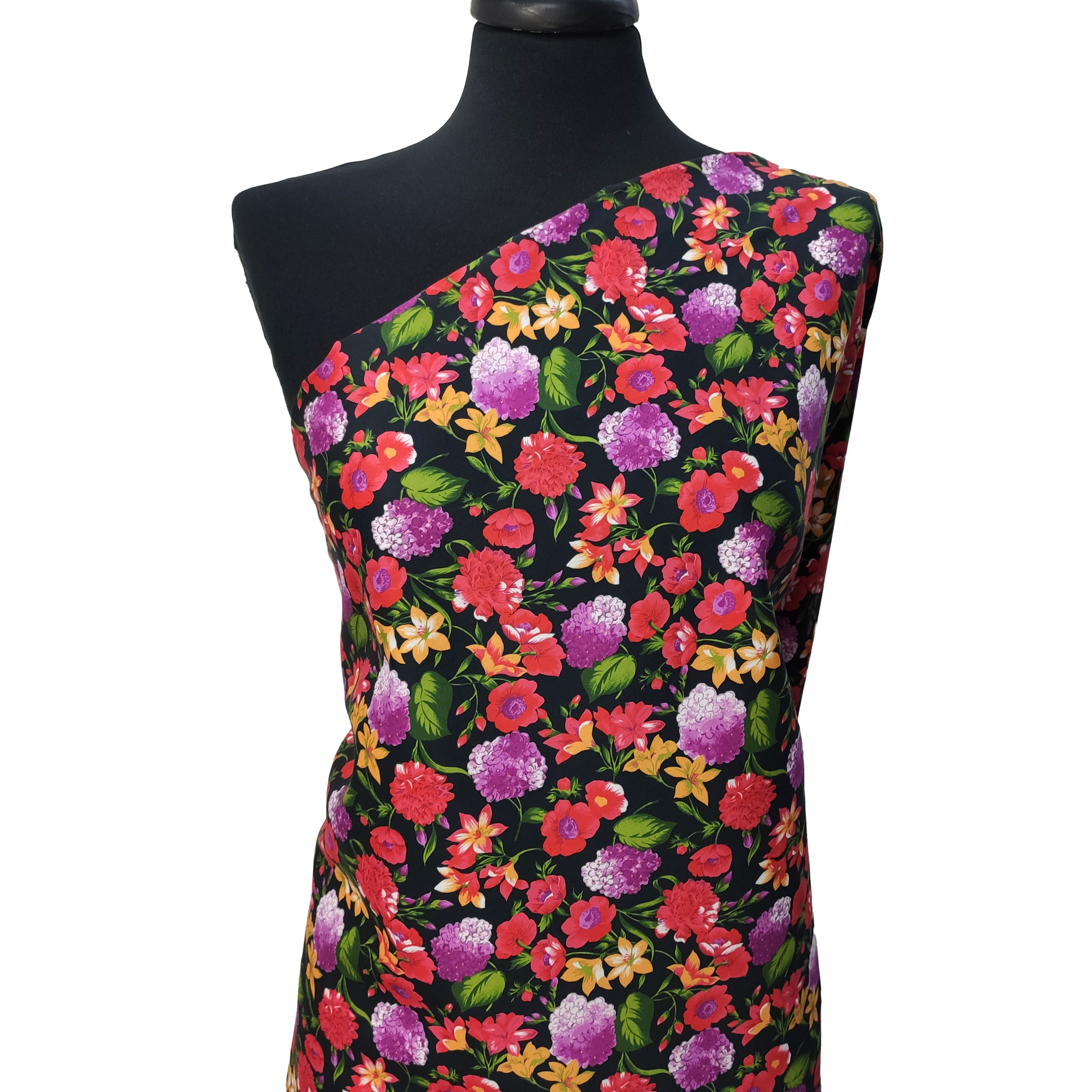 Rasatello Cotone Sfondo Nero con Fiori Rossi e Fuxia
