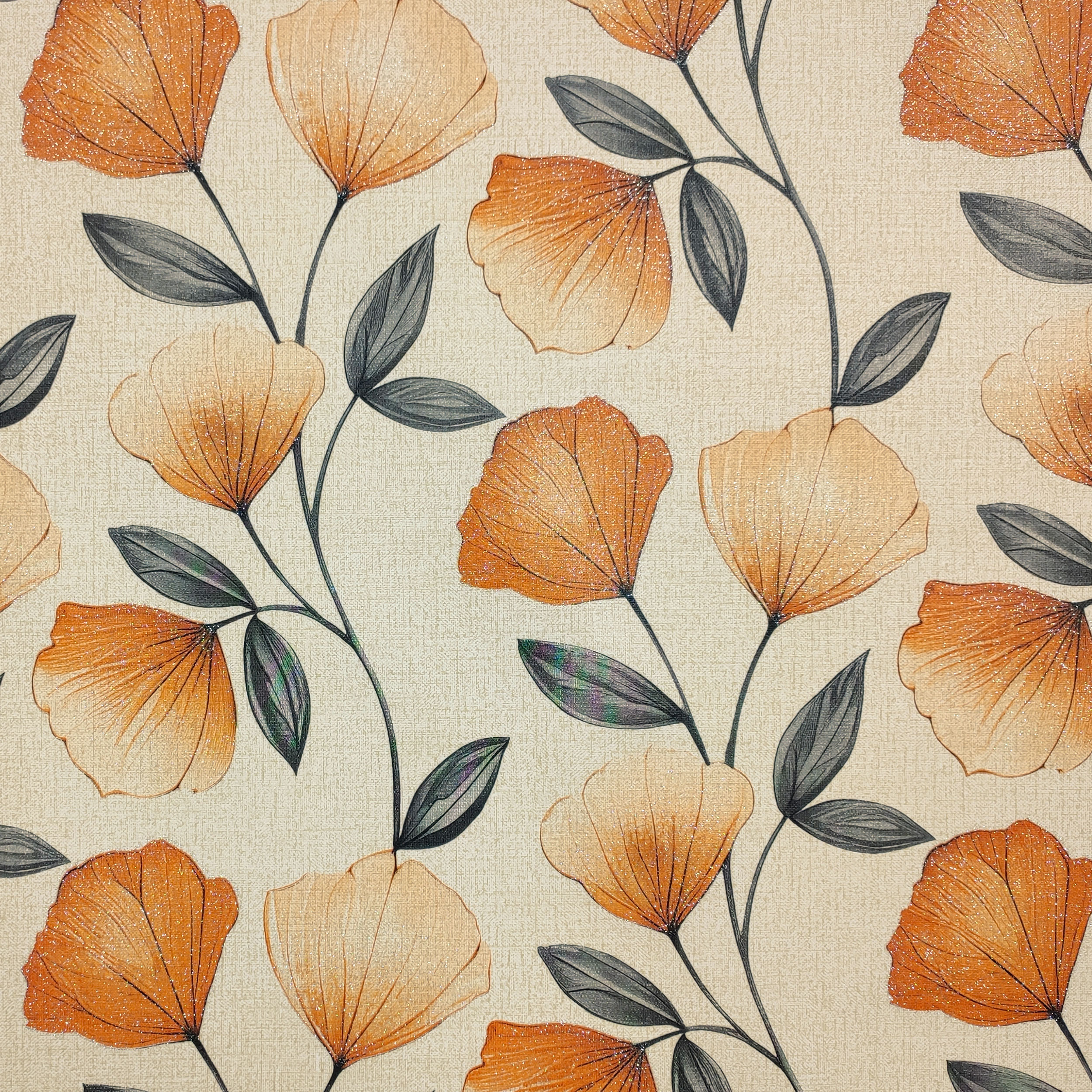 Tessuto Tovaglia Plastificata Fiori Arancio Glitterati Image