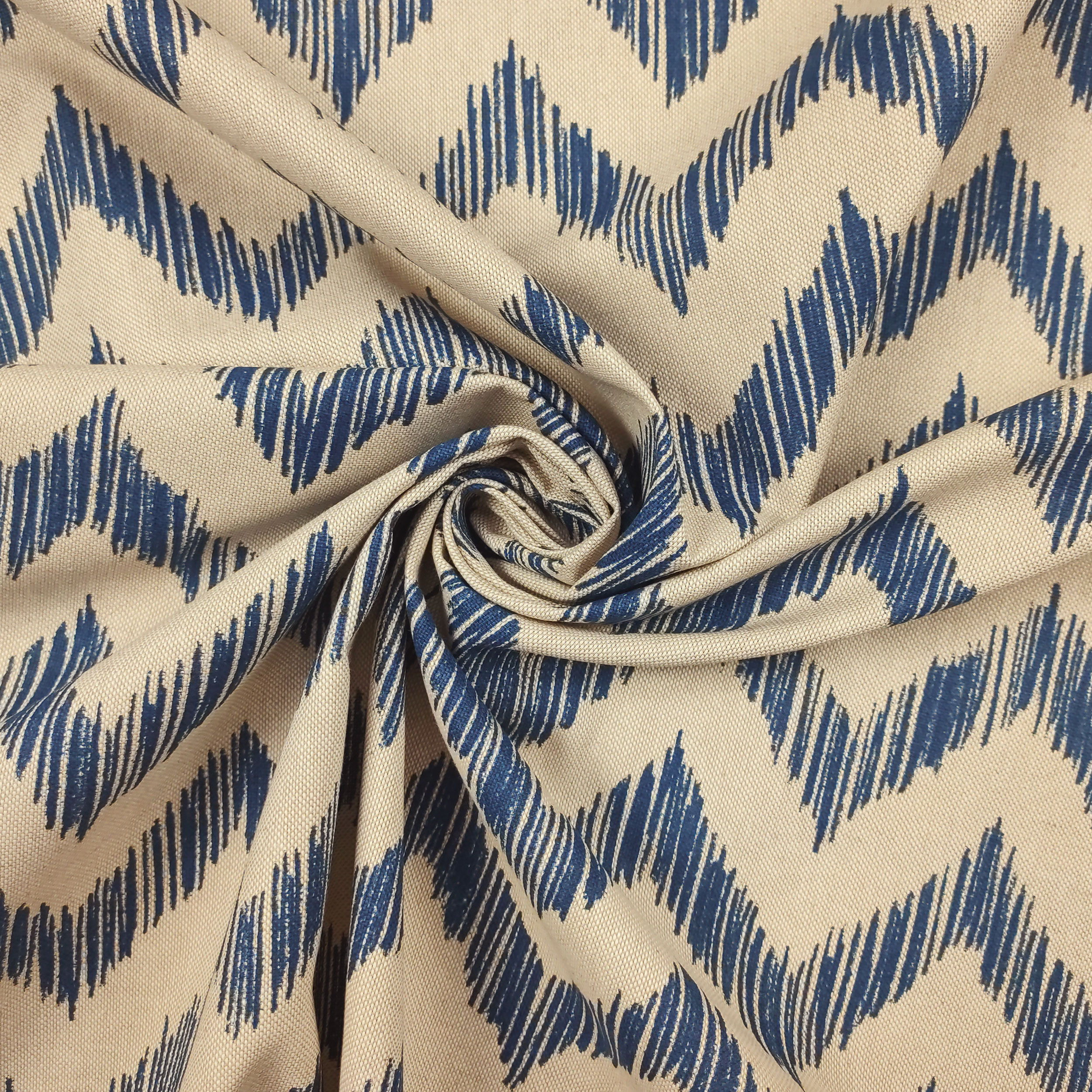 Tessuto Panama Misto Cotone Zig Zag Linee Blu