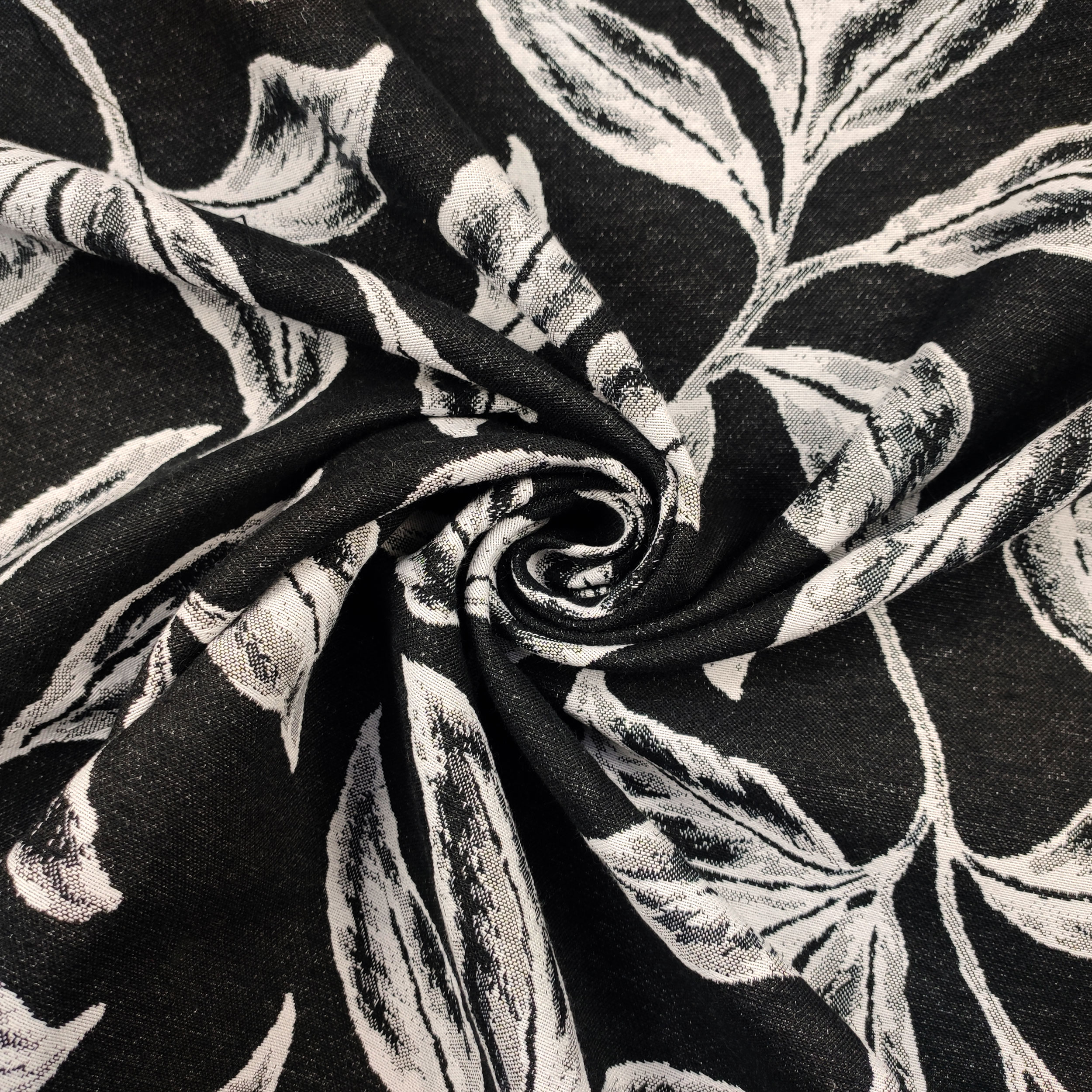 Tessuto Jacquard Sfondo Nero Foglie Bianche