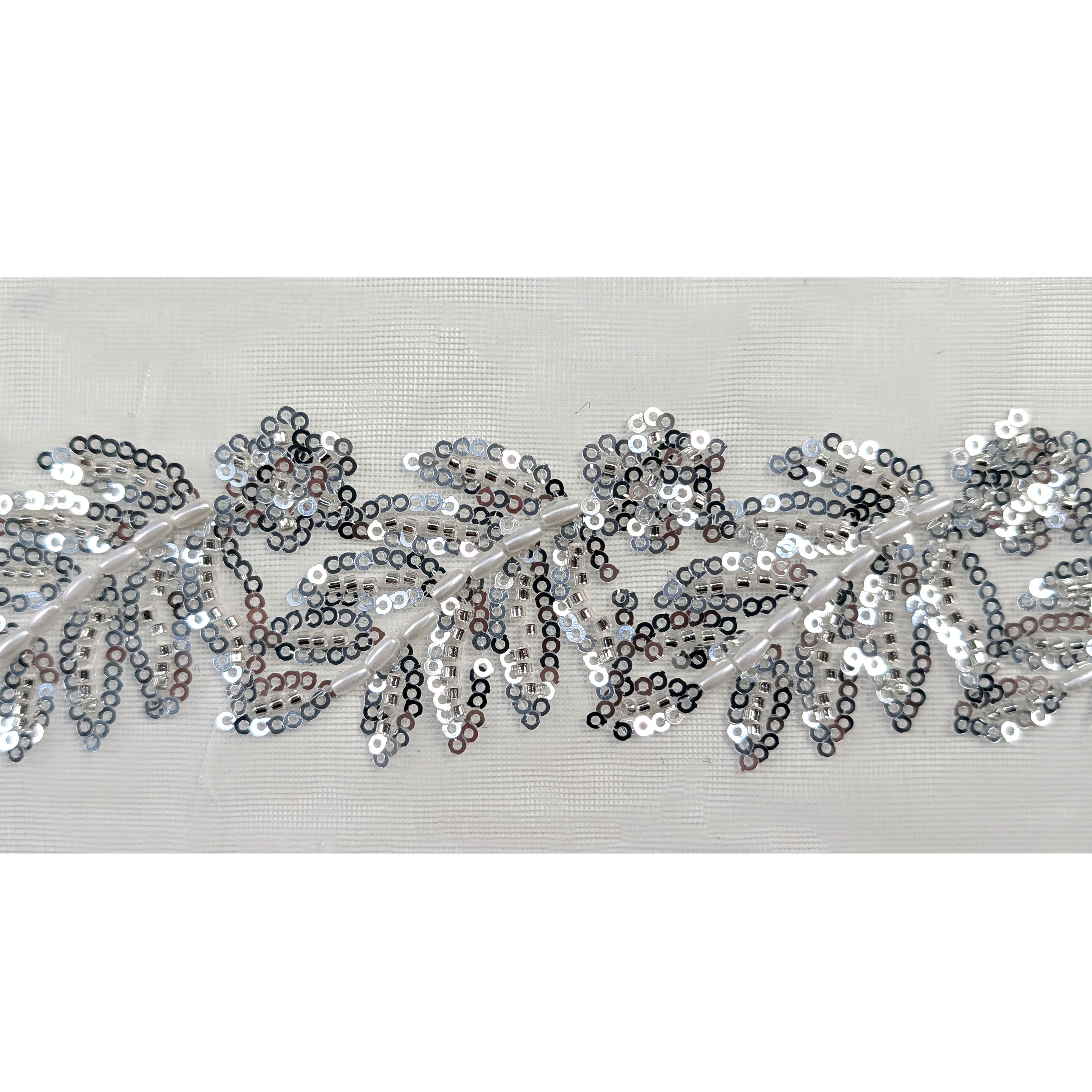 Passamaneria Tulle Foglie Paillettes e Perline Argento Image