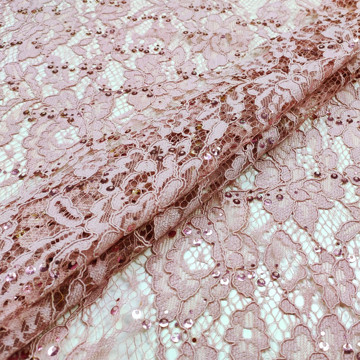 Tessuto Pizzo con Paillettes Rosa Antico