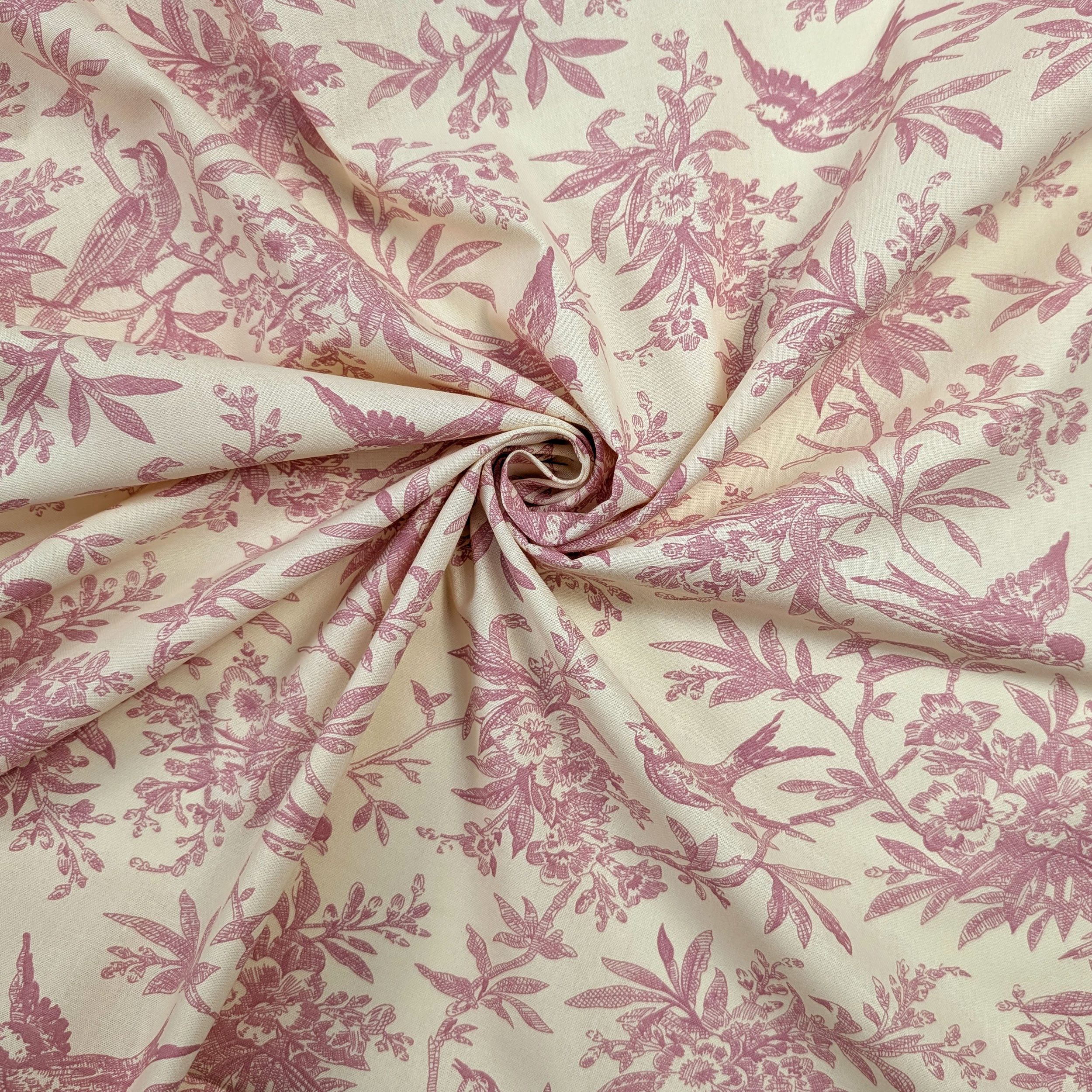Popeline Cotone Stampa Vintage Uccellini e Rami Rosa Image