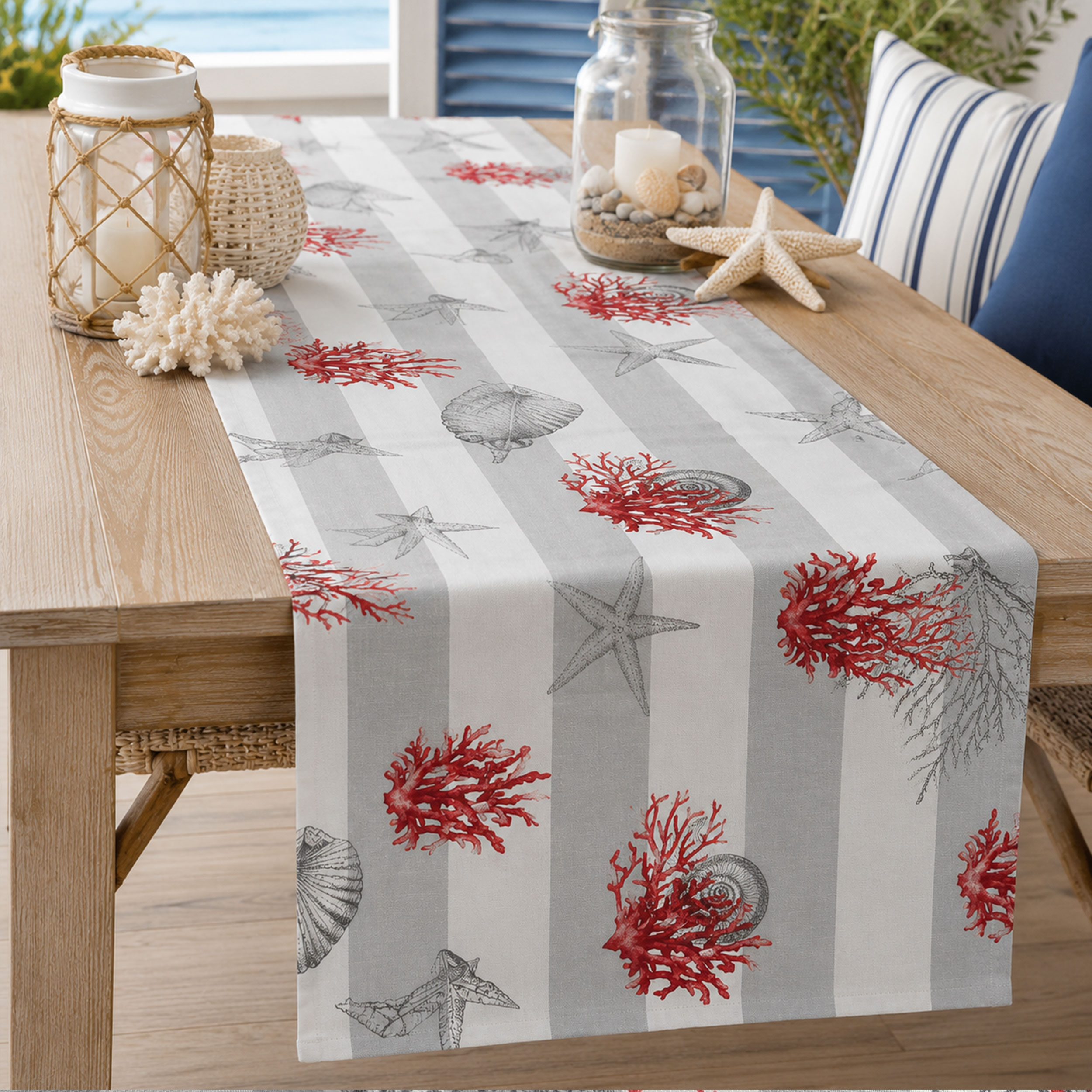 Tessuto Panama Righe Bianco Grigio Conchiglie Rosse Image