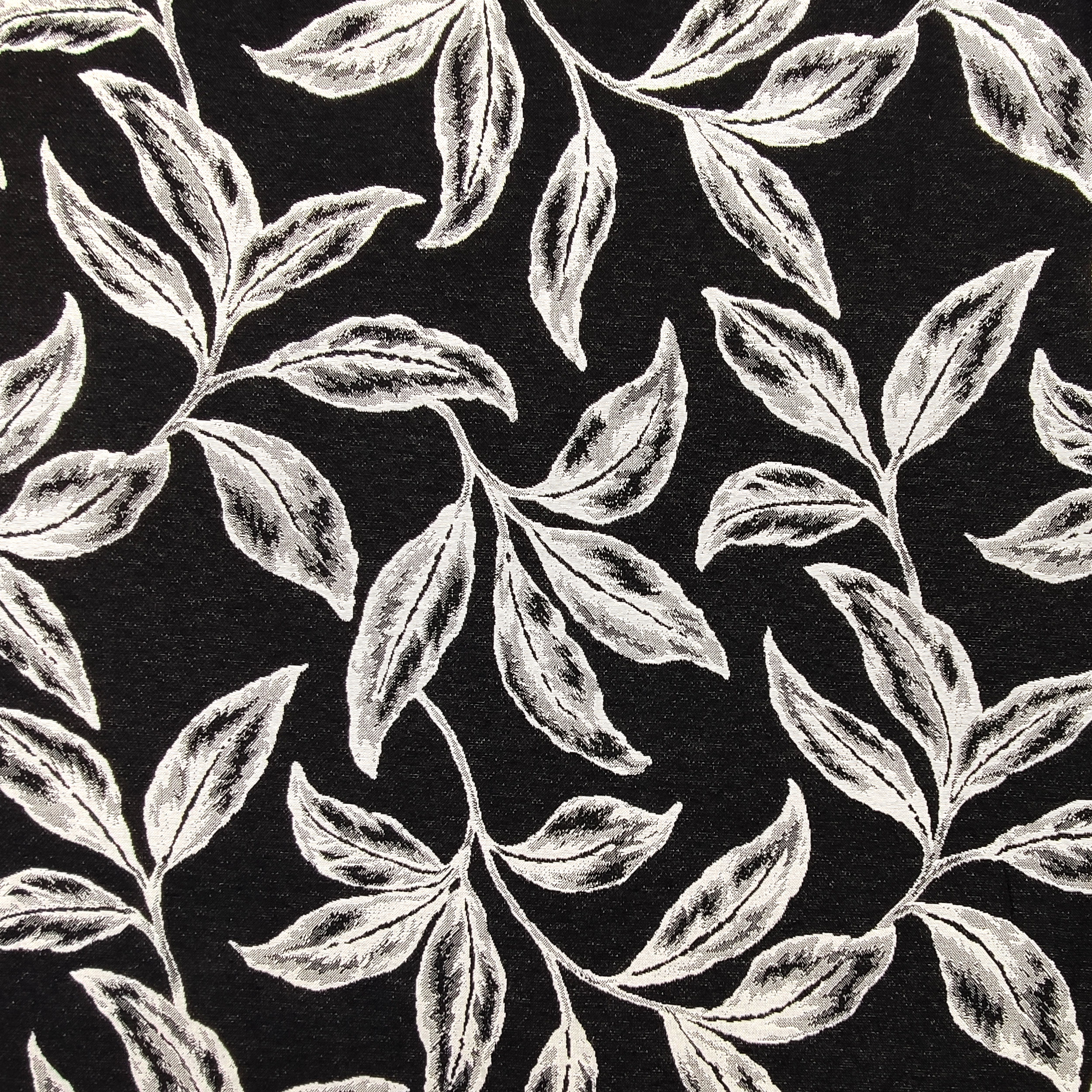 Tessuto Jacquard Sfondo Nero Foglie Bianche
