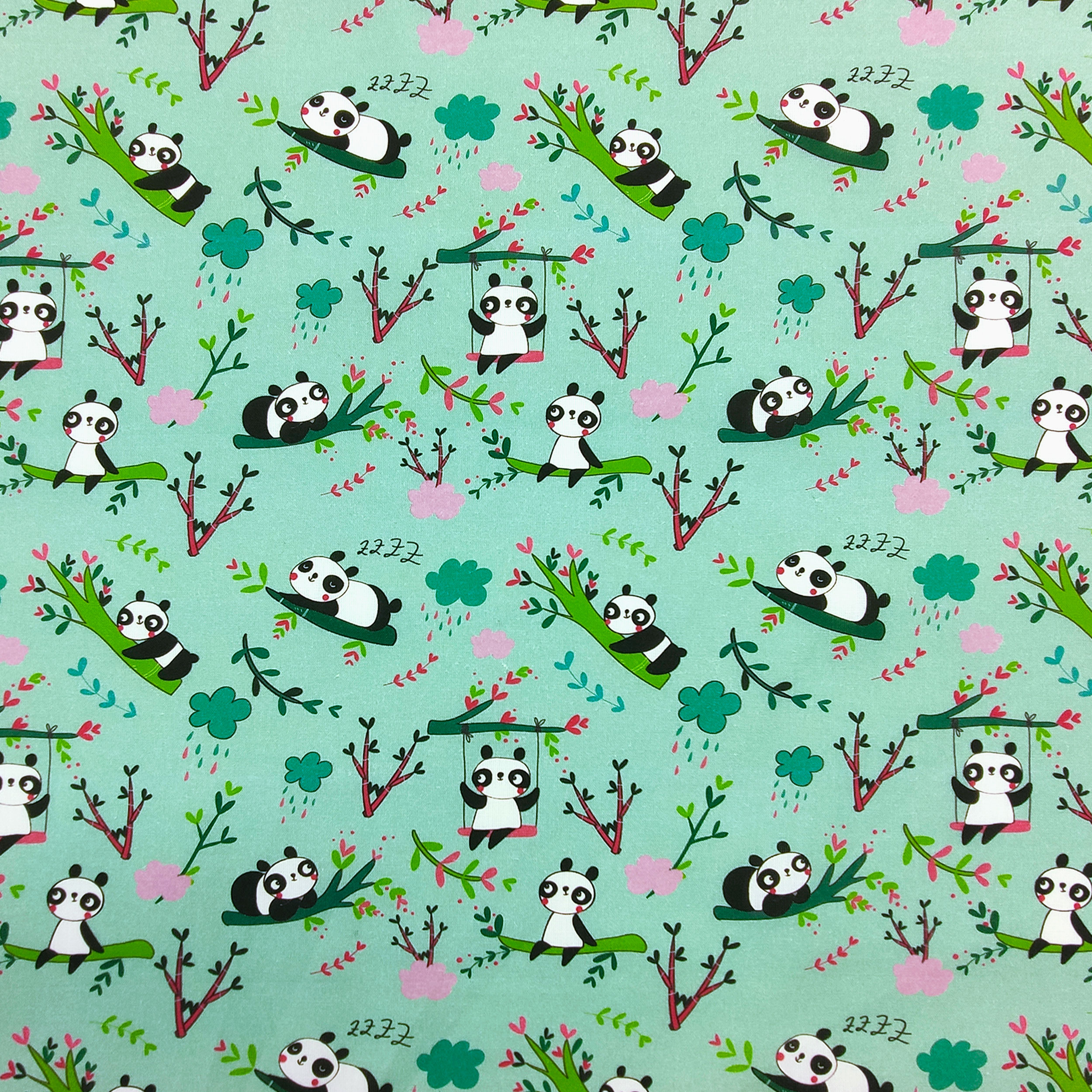 Ritaglio Cotone Panda Piccoli Sfondo Verde Menta 50x150 cm
