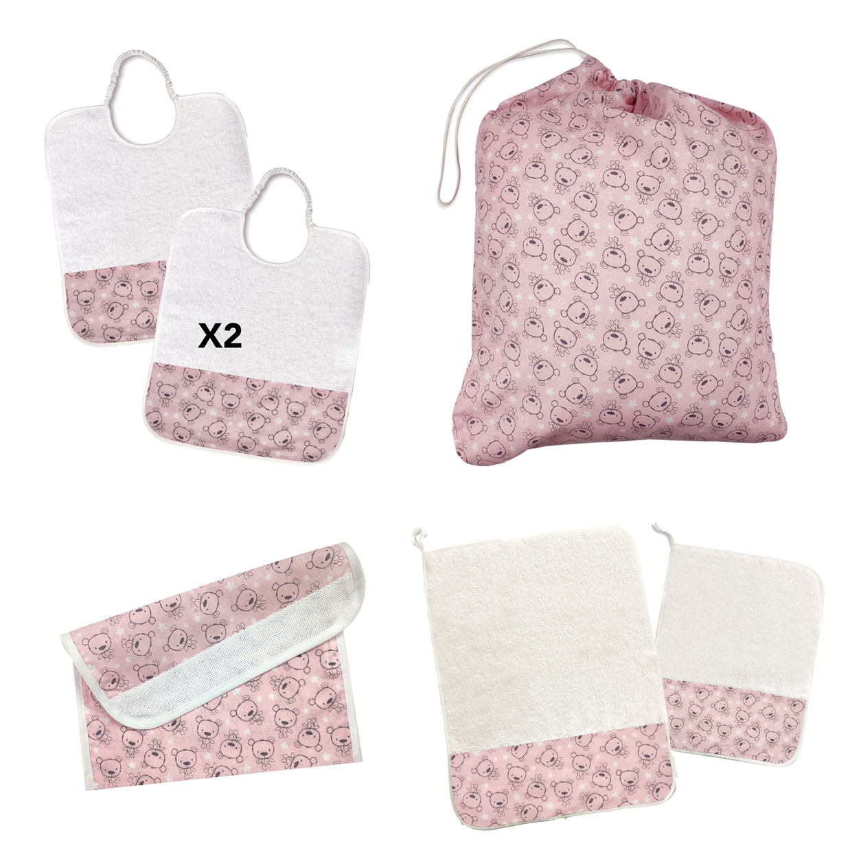 set-asilo-sacchetto-asciugamani-bavaglini-orsetti-rosa