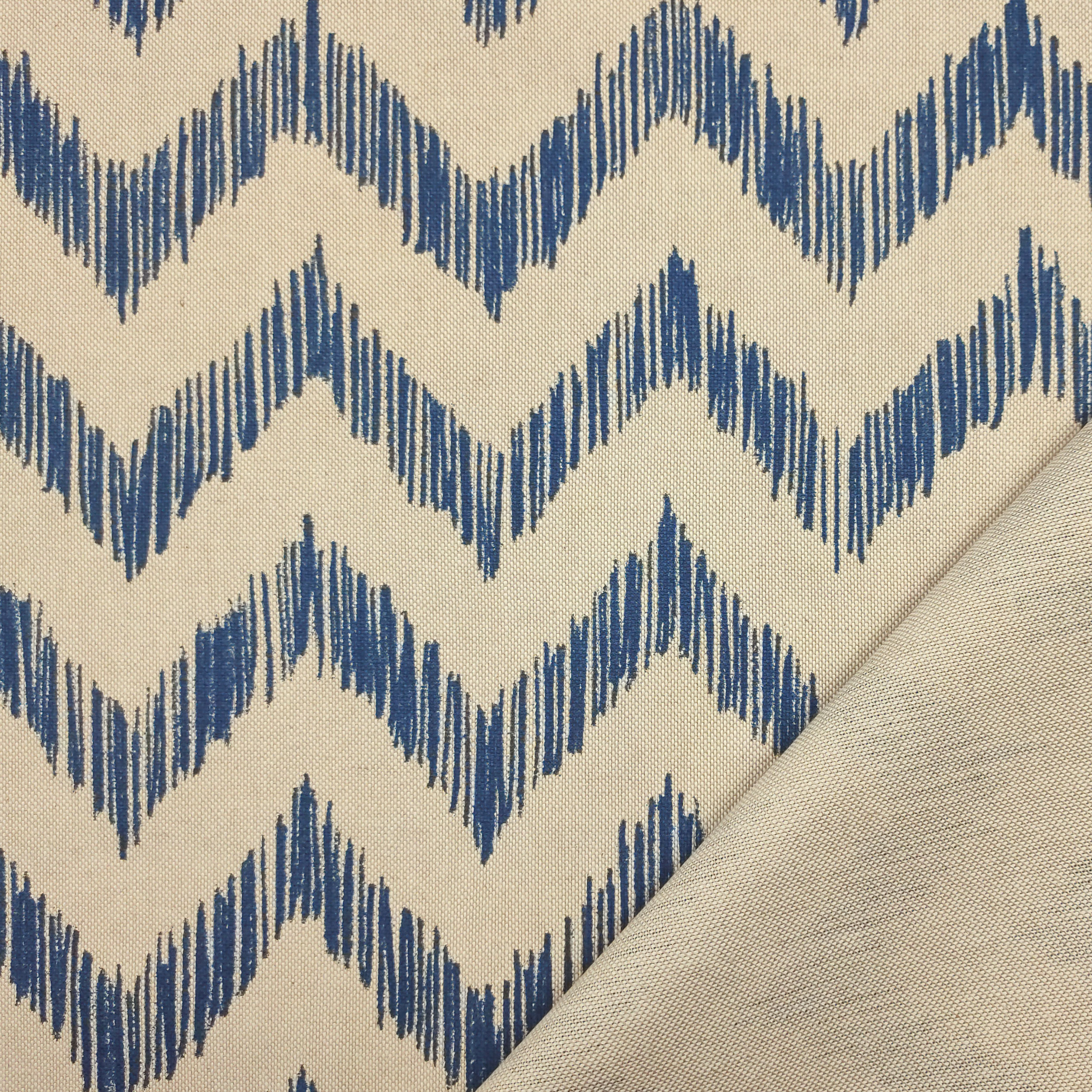 Tessuto Panama Misto Cotone Zig Zag Linee Blu