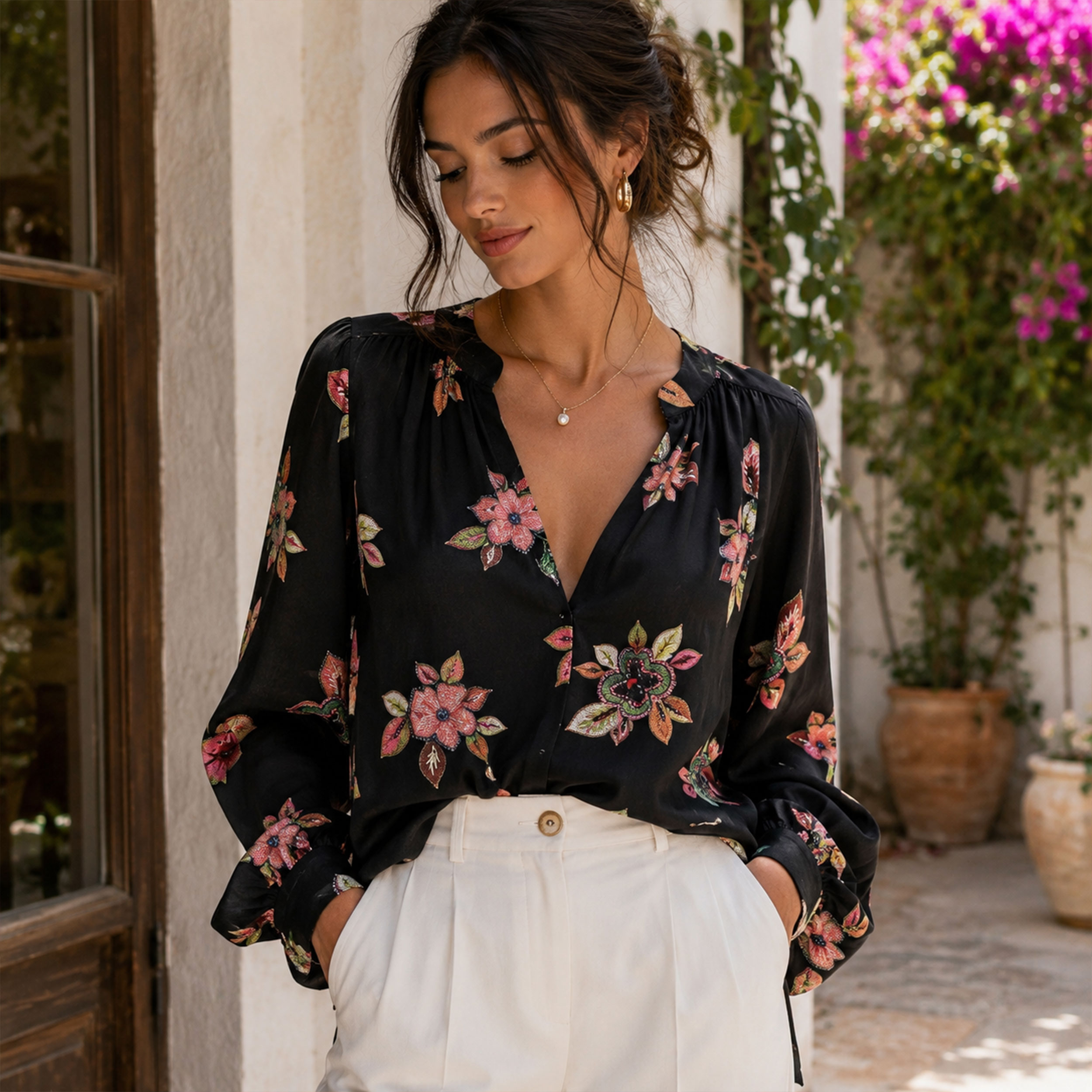Crepe Seta Alta Moda Nero con Fiori Image