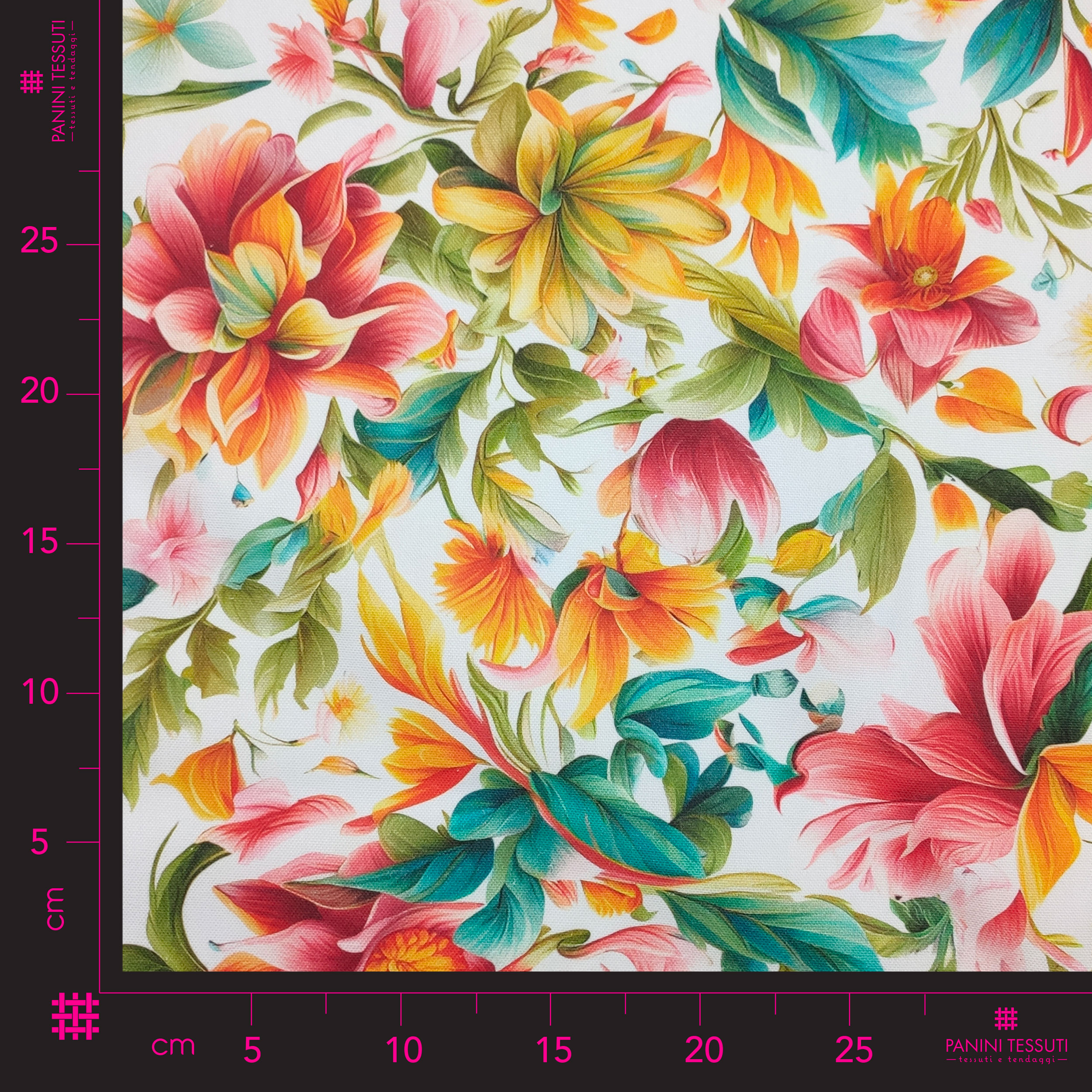 Tessuto Panama Fiori Multicolor Sfondo Bianco