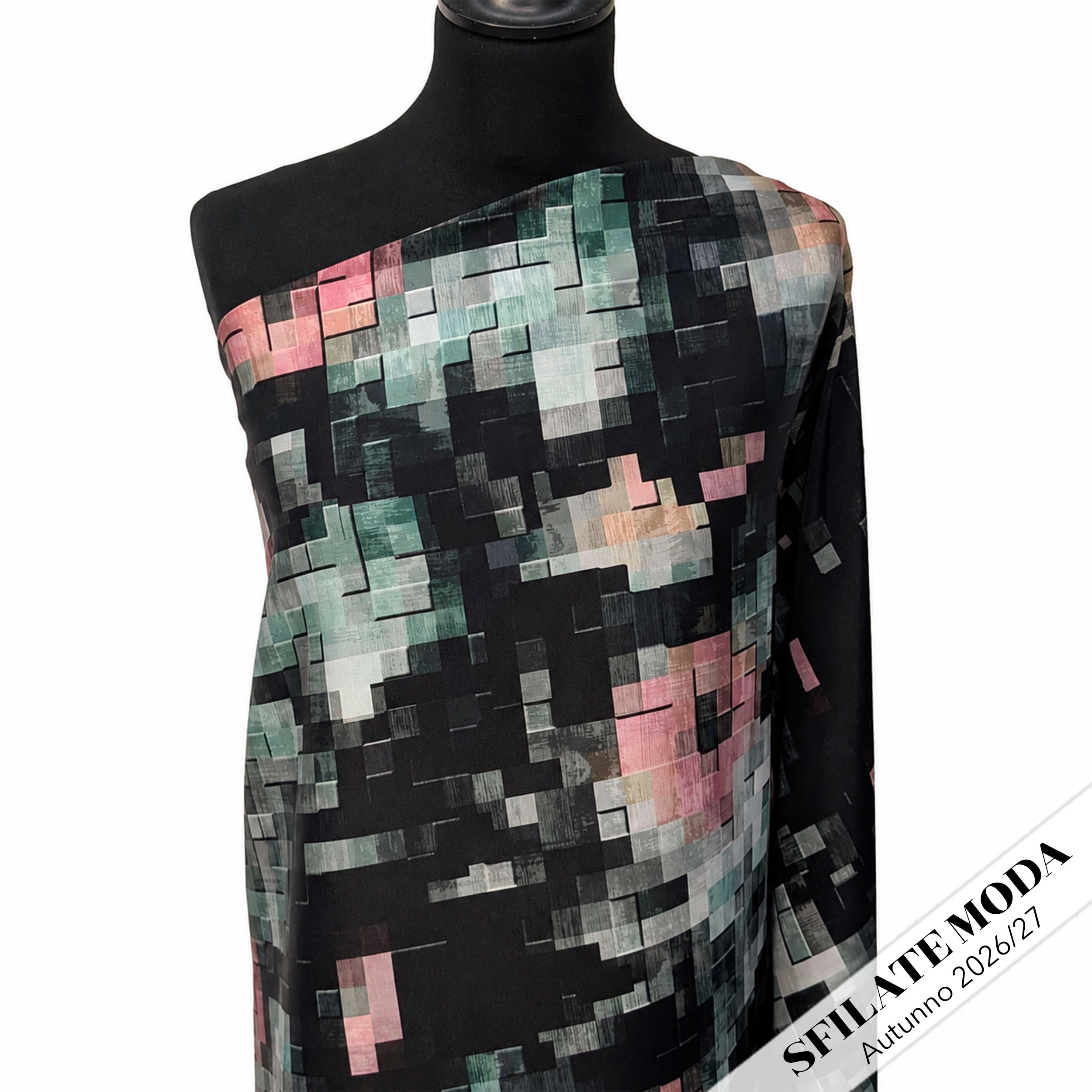 Raso Setato Alta Moda Mosaico Verde Rosa e Nero Image