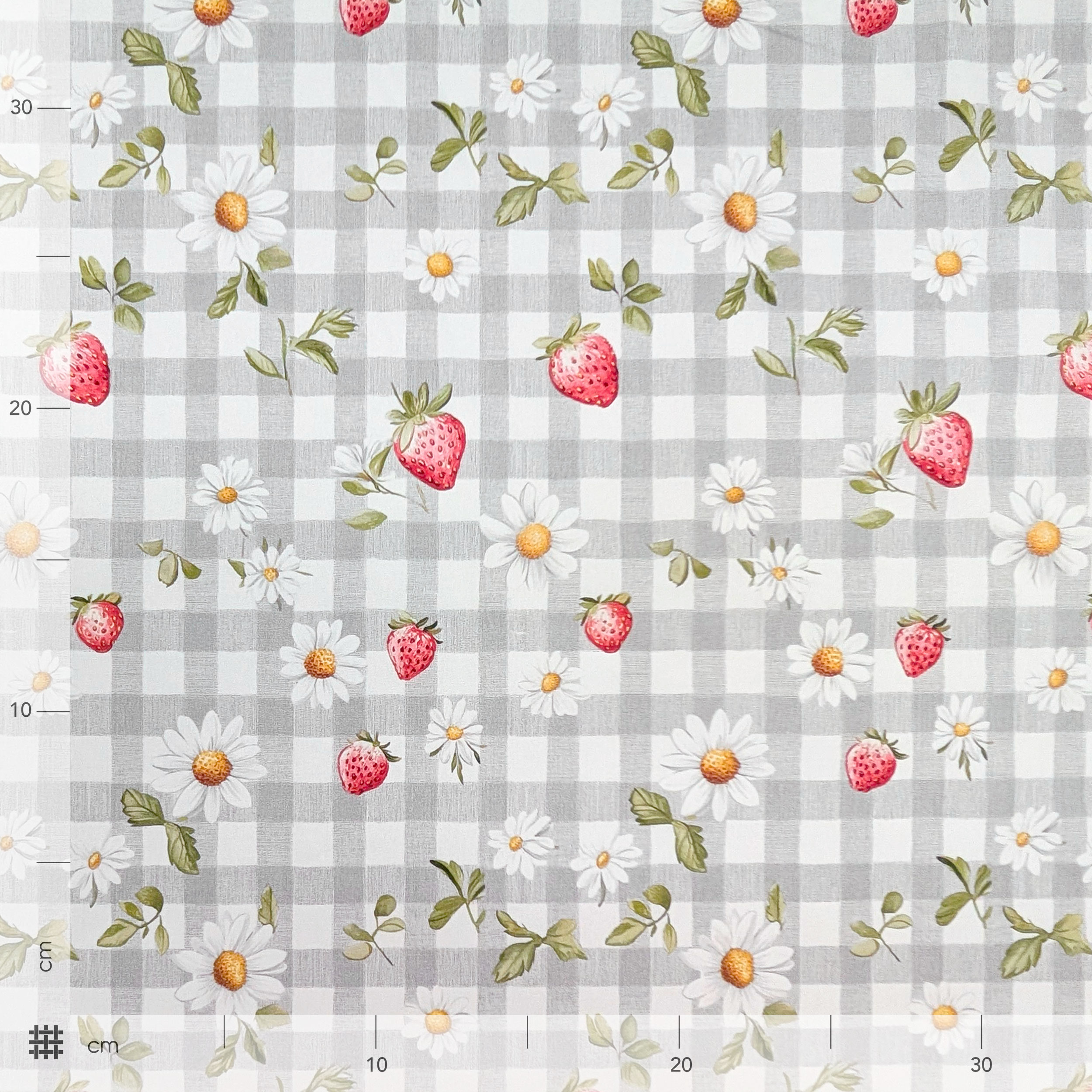 Popeline Cotone Quadretti Grigi e Fragole Image