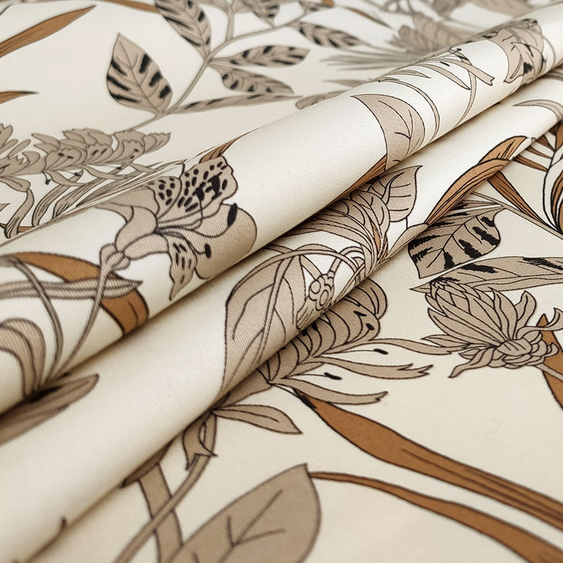 Tessuto Cotone Elasticizzato Foglie Beige