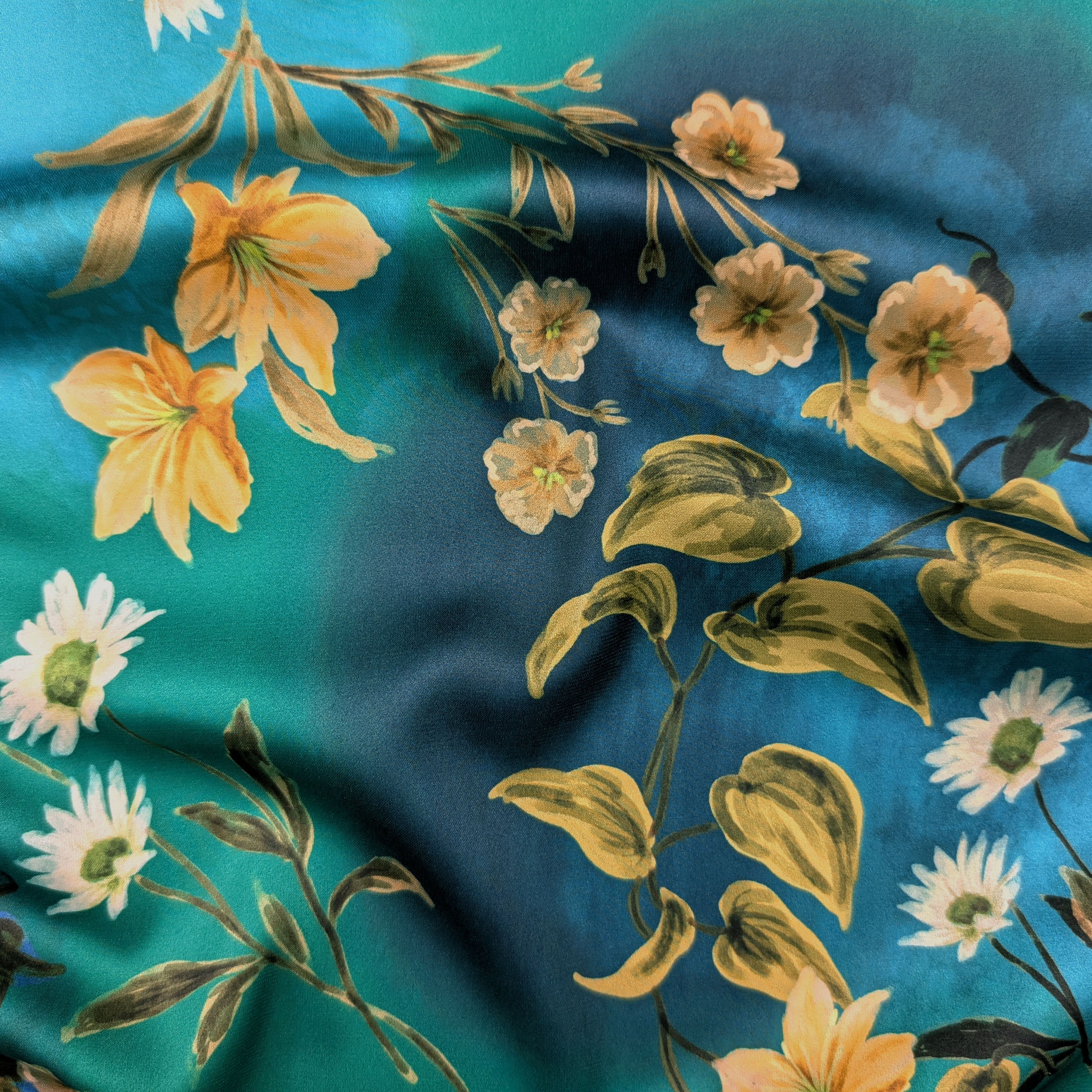 Ritaglio Rasetto con Fiori su Sfondo Blu Verde 70x145 cm Image