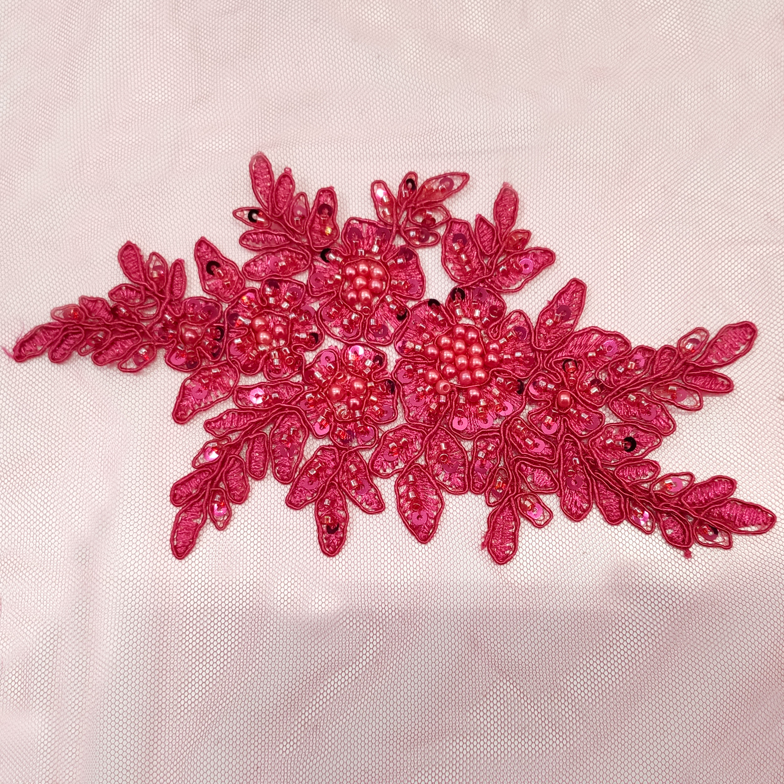 Pizzo Alta Moda Floreale Perline Magenta Ricamate Doppio Bordo Image