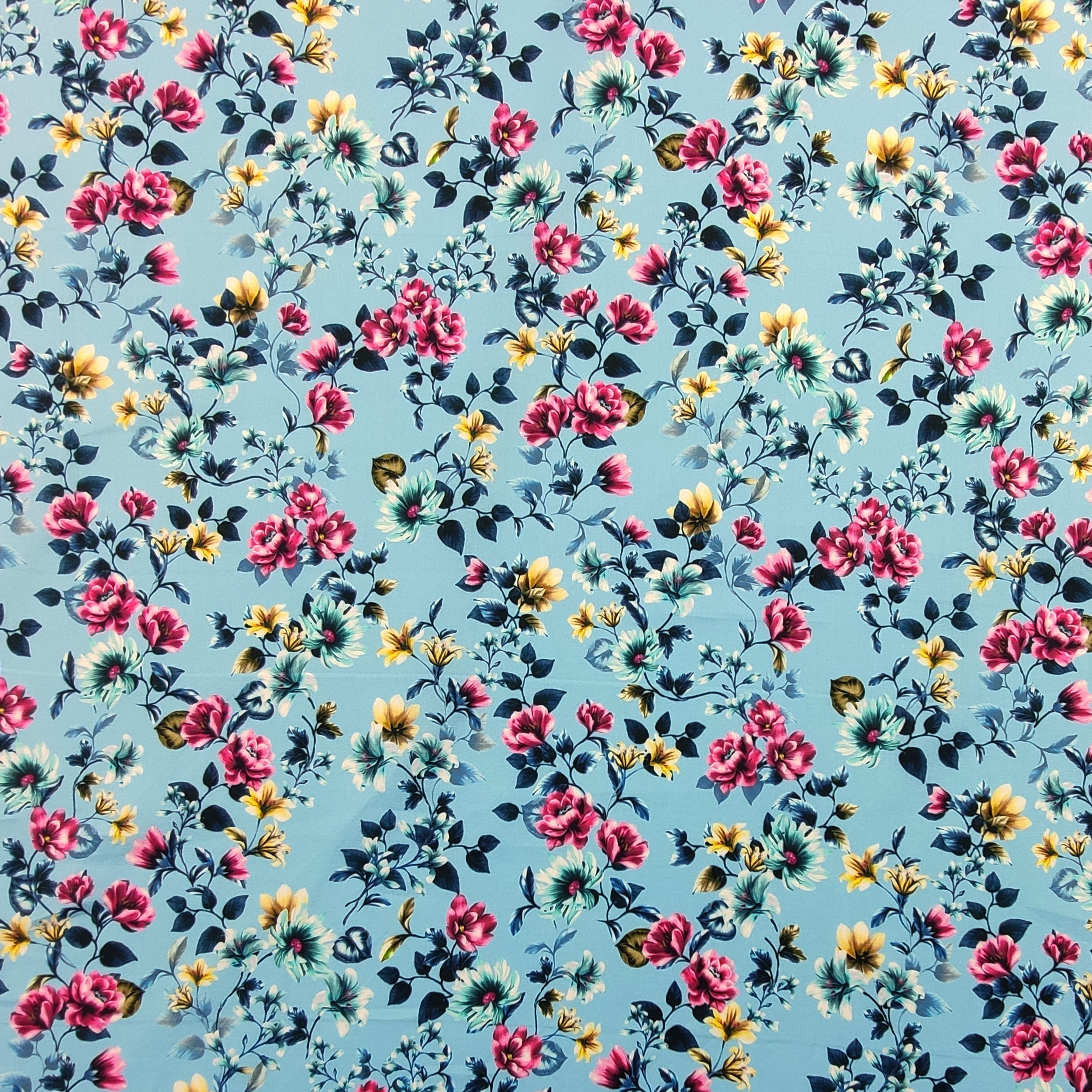 Rasatello Cotone Sfondo Azzurro con Fiori