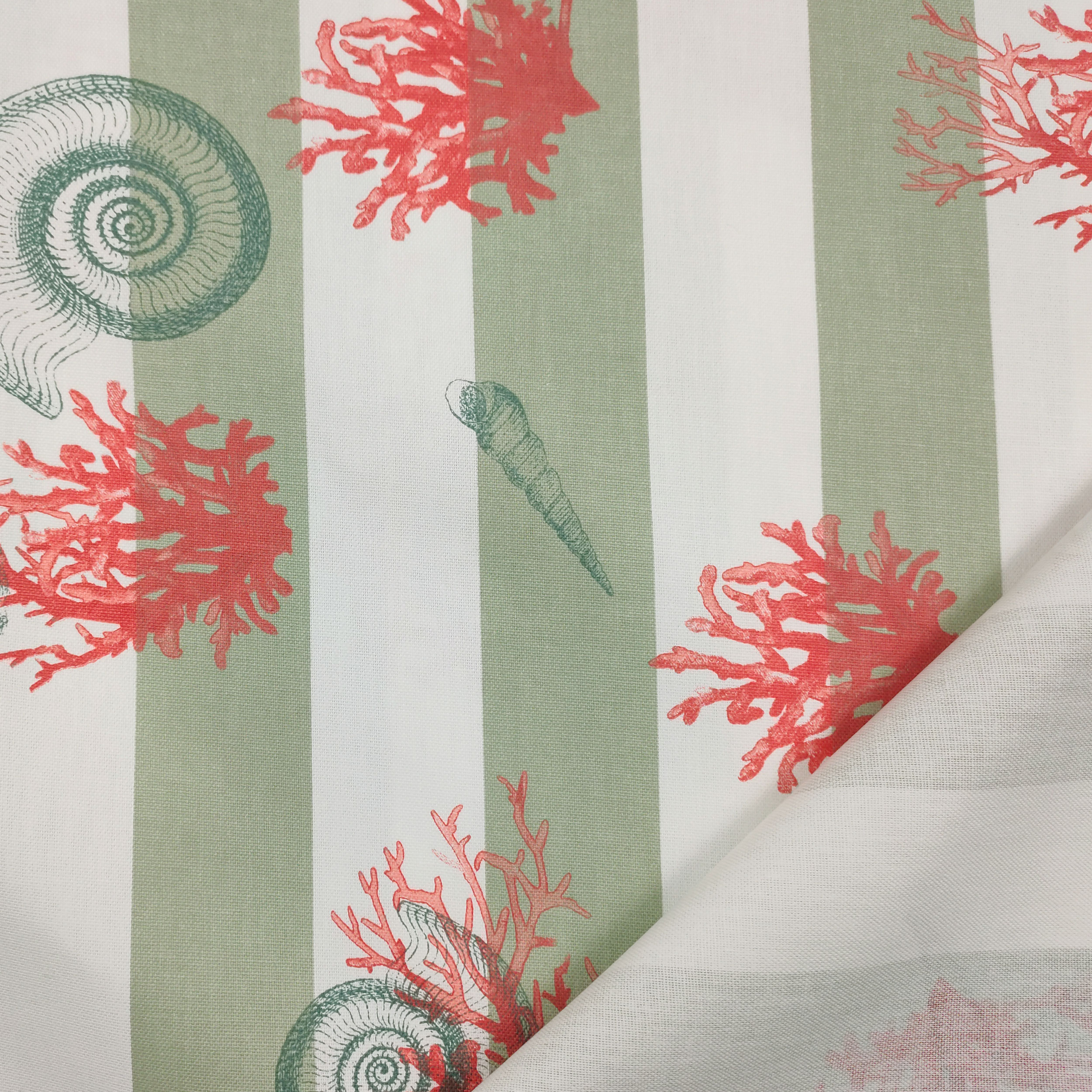 Tessuto Panama Righe Bianco Verde Conchiglie Verdi
