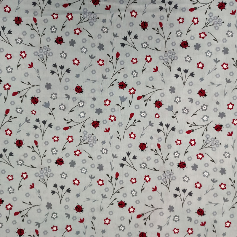 Ritaglio Tessuto Cotone Natural Fiori e Coccinelle 50x150 cm