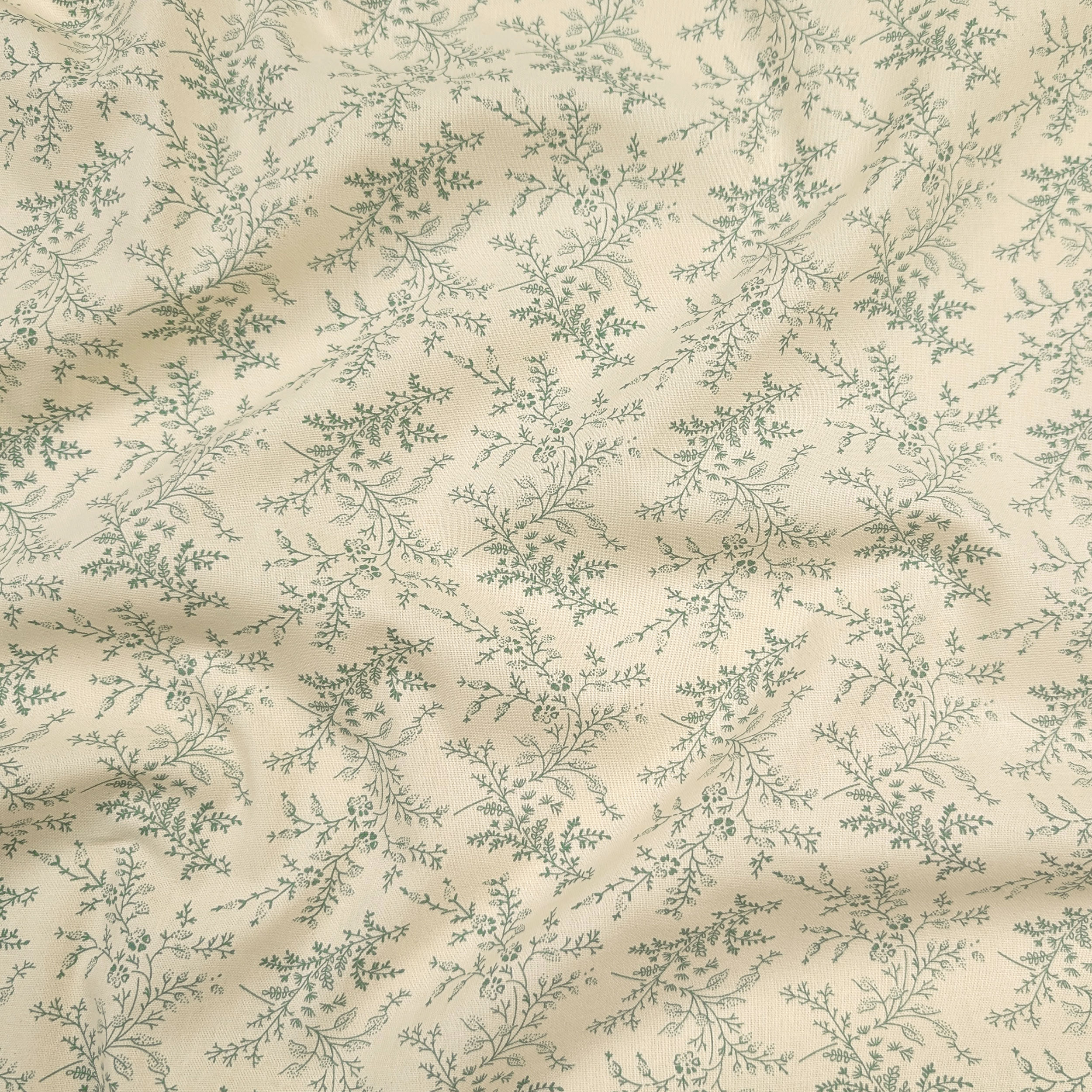 Popeline Cotone Stampa Vintage Rami e Fiori Verdi Image