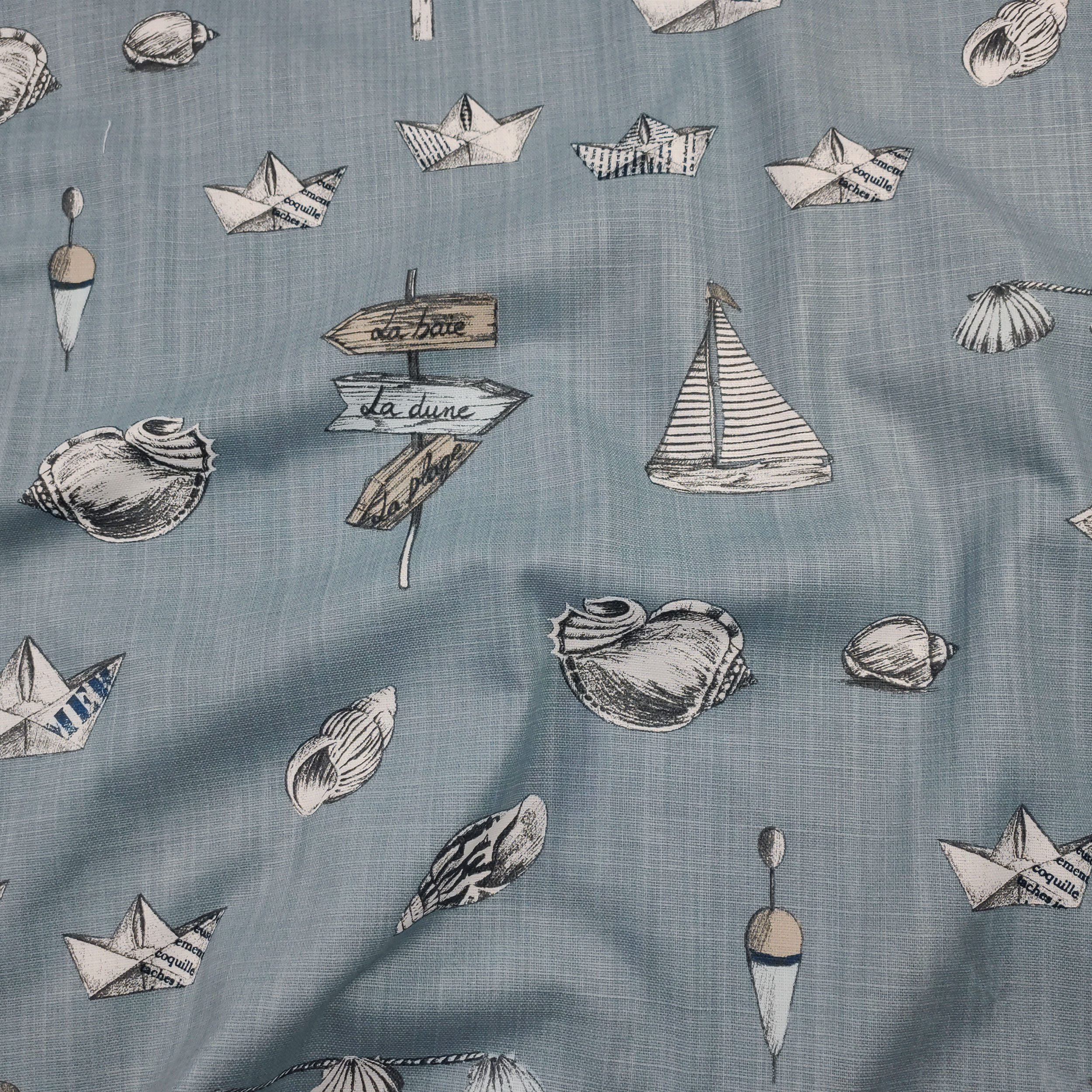 Cotone e Lino Barche e Conchiglie Sfondo Celeste