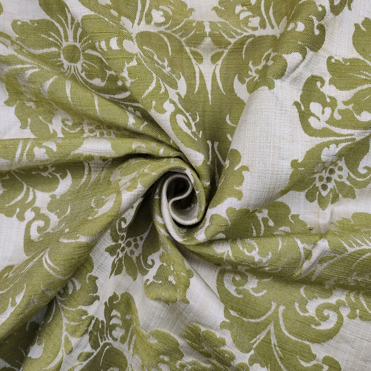 Tessuto Jacquard Damascato Misto Seta Verde Sfondo Beige Image