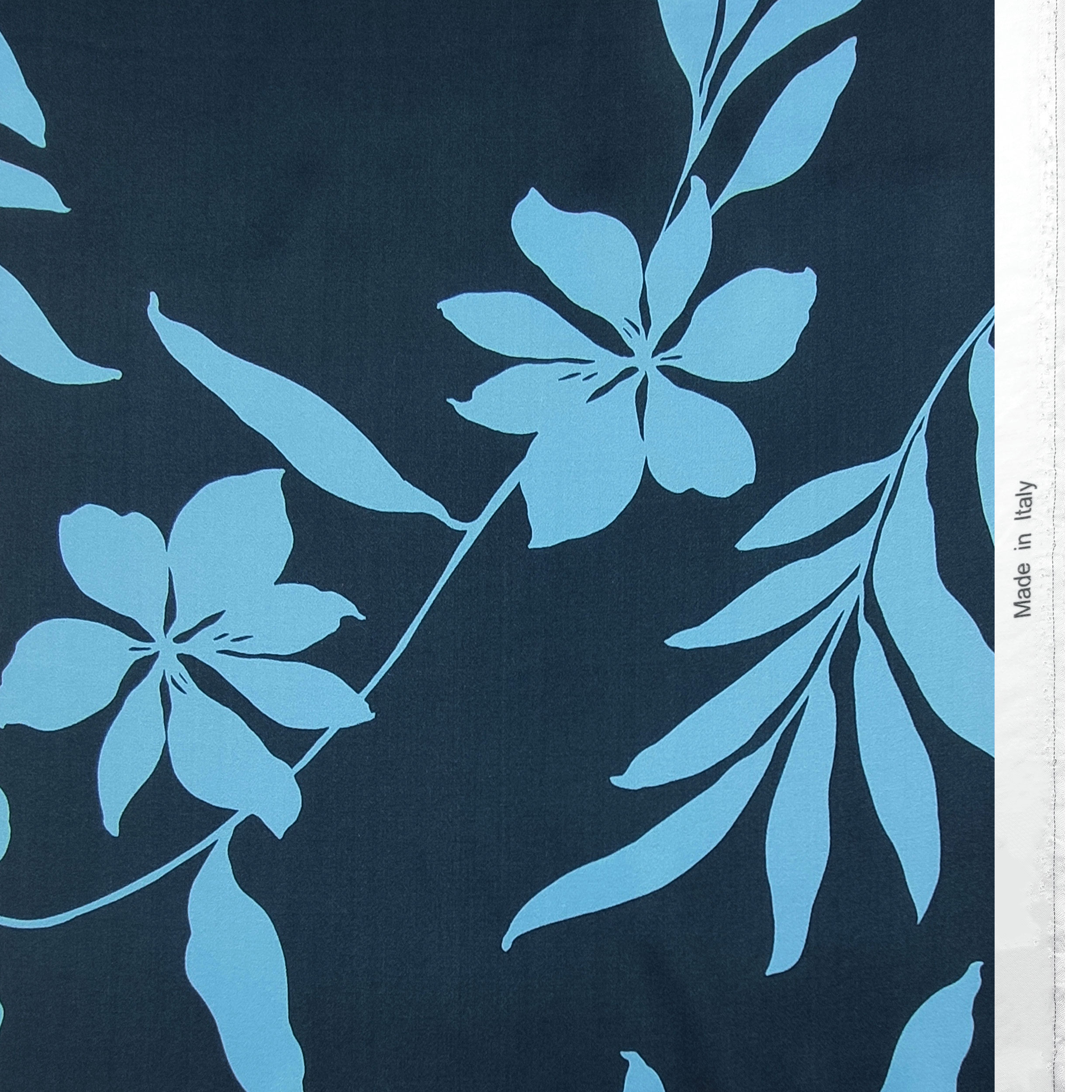Raso Misto Seta Alta Moda Fiori Azzurri Sfondo Blu