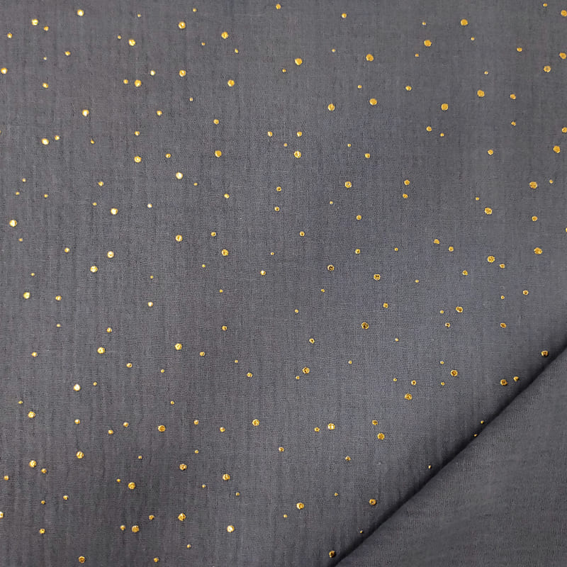 Mussola Cotone Grigio con Pois Oro