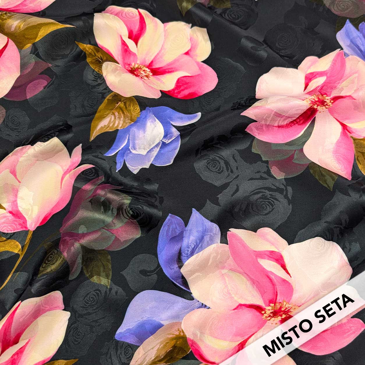 Misto Seta Nero Fiori Lilla e Rosa Image
