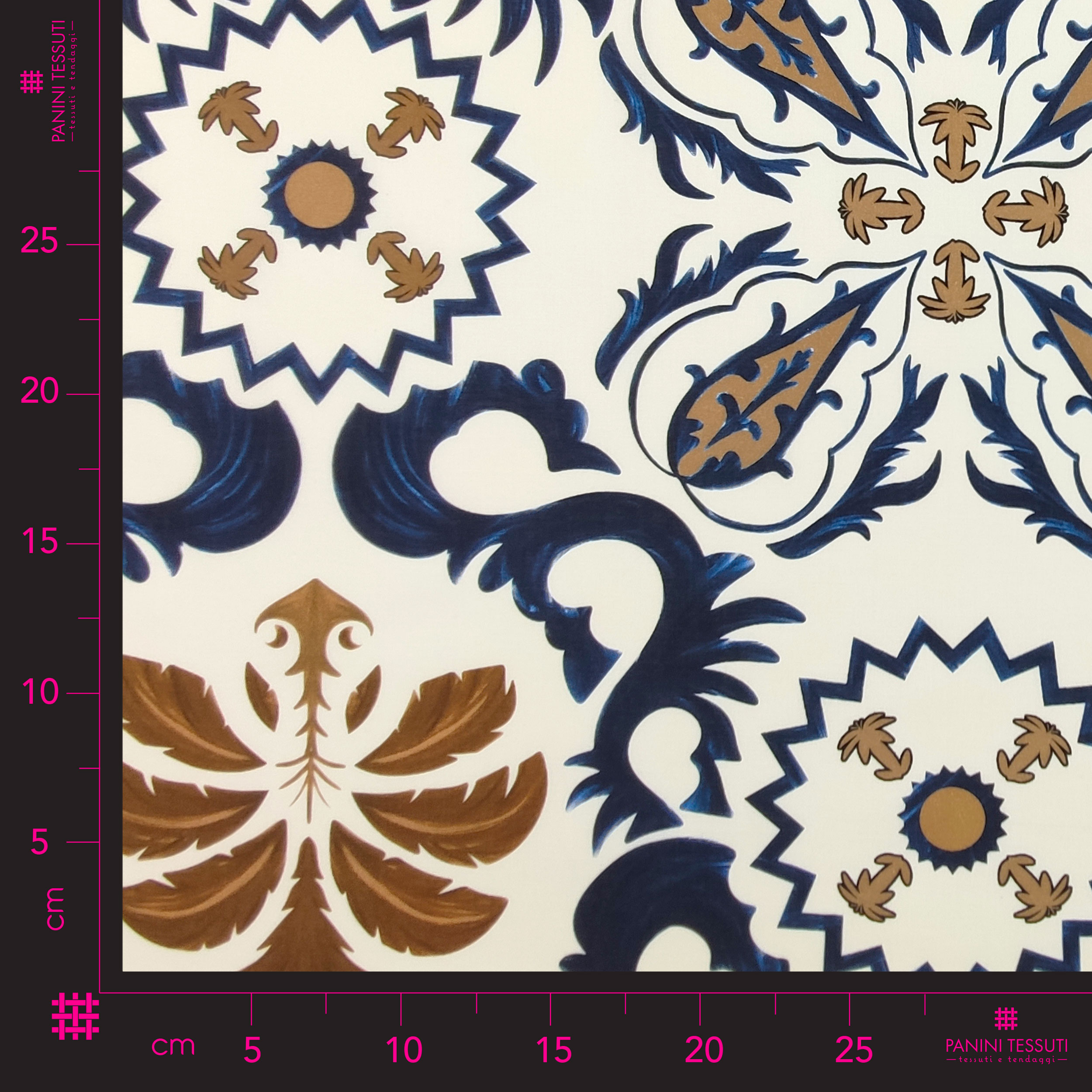 Tessuto in Cotone Fiori Arabesc Blu e Oro