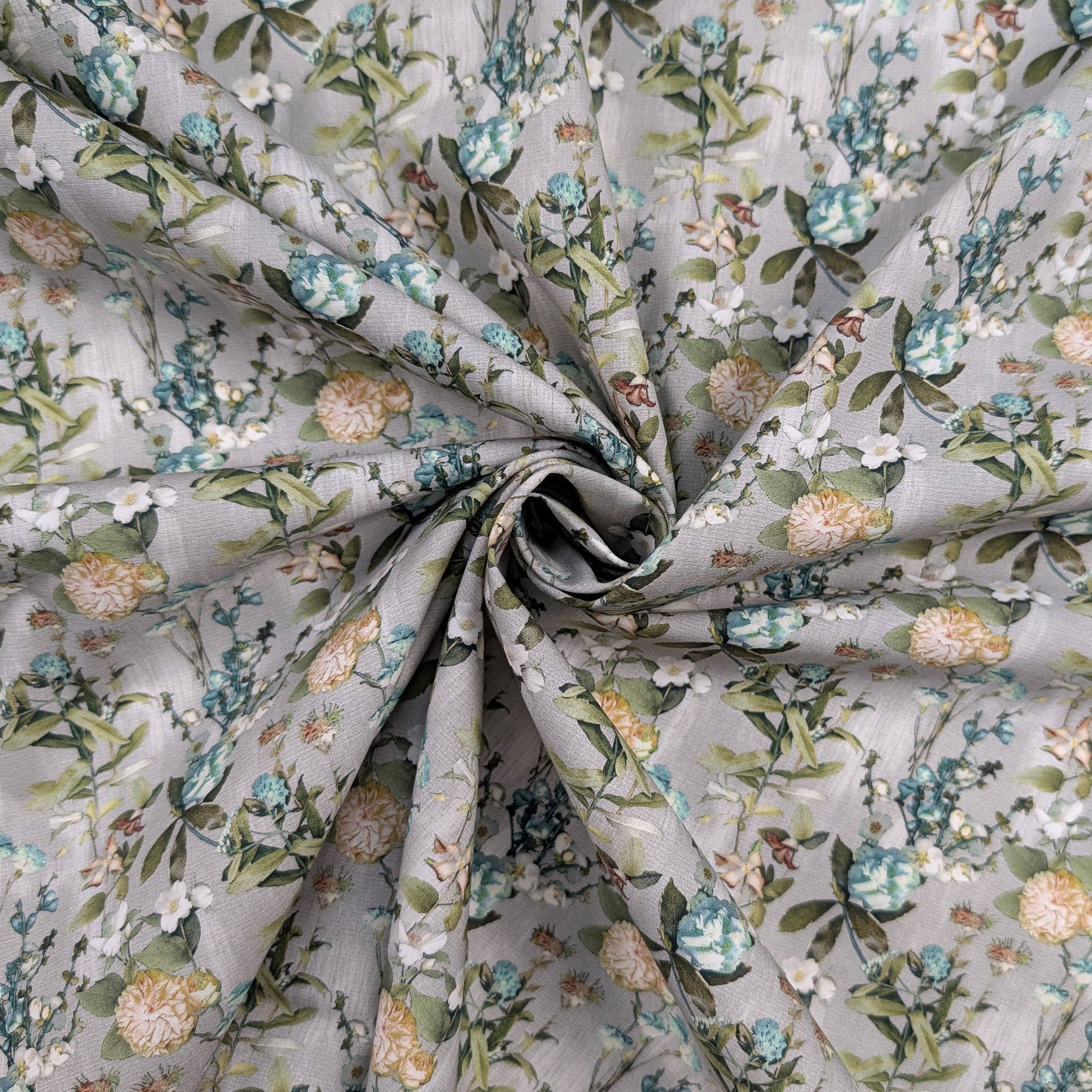 Popeline Cotone Floreale Fiori Petrolio e Gialli Image