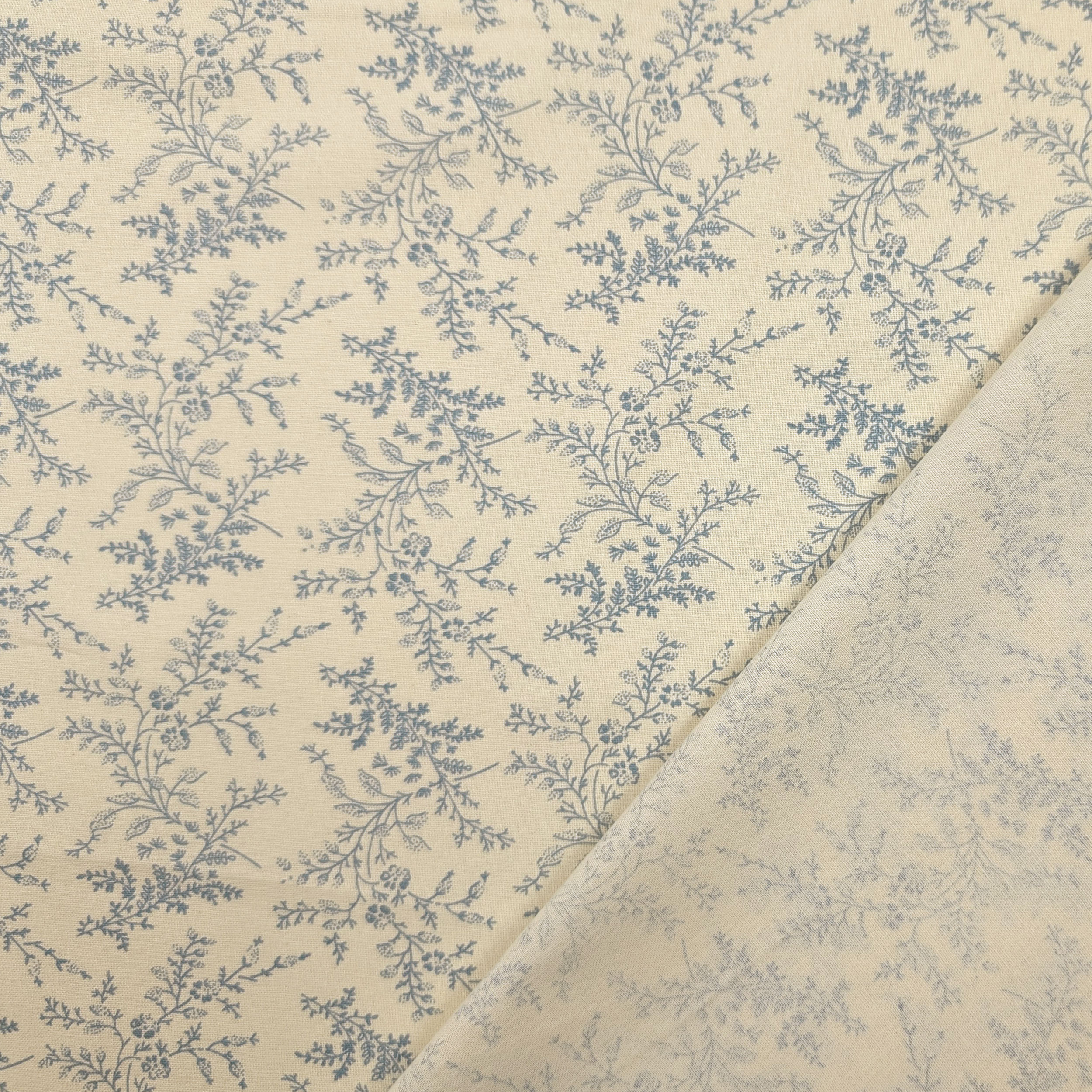 Popeline Cotone Stampa Vintage Rami e Fiori Azzurri Image