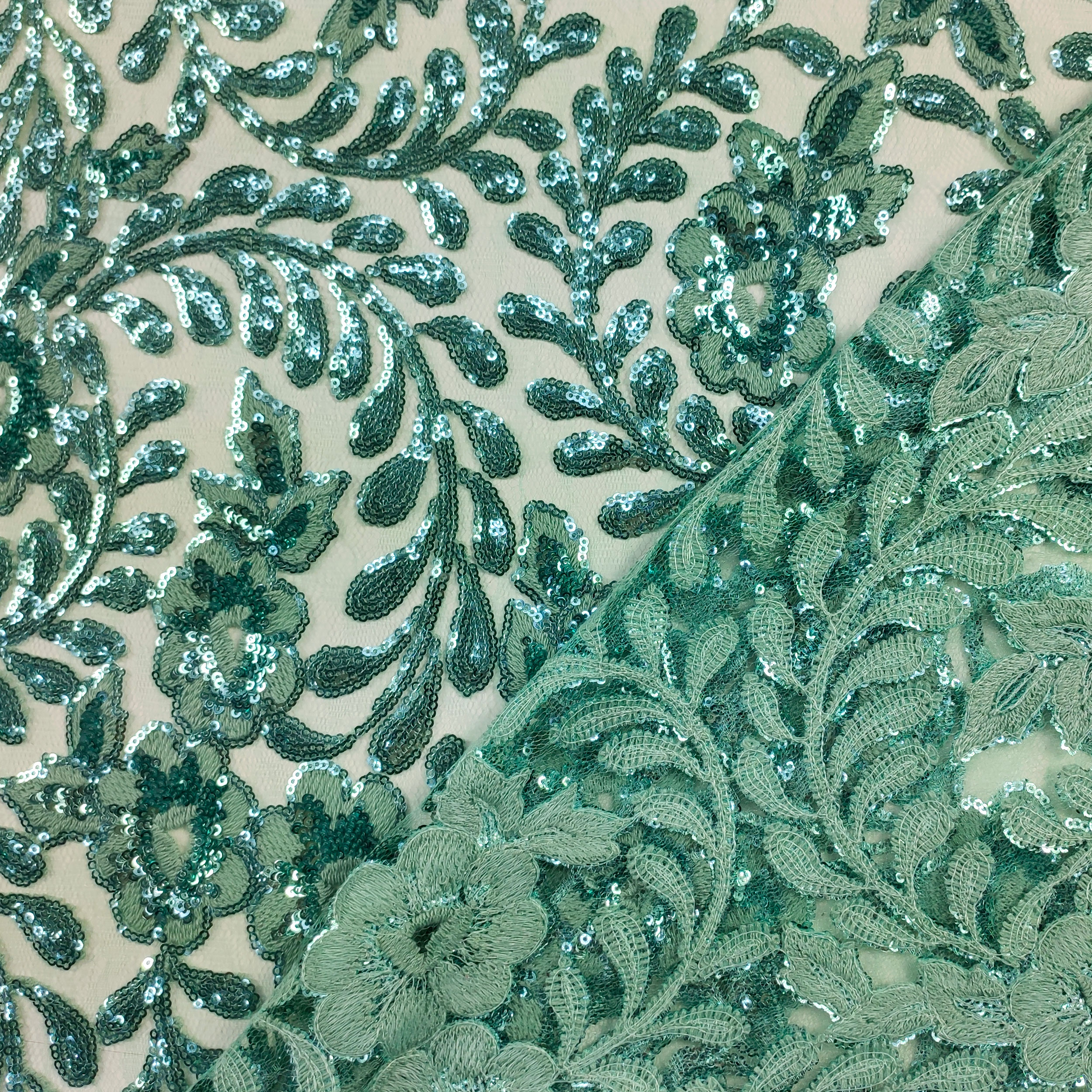Tulle Ricamato Fiori con Paillettes Verde Acqua