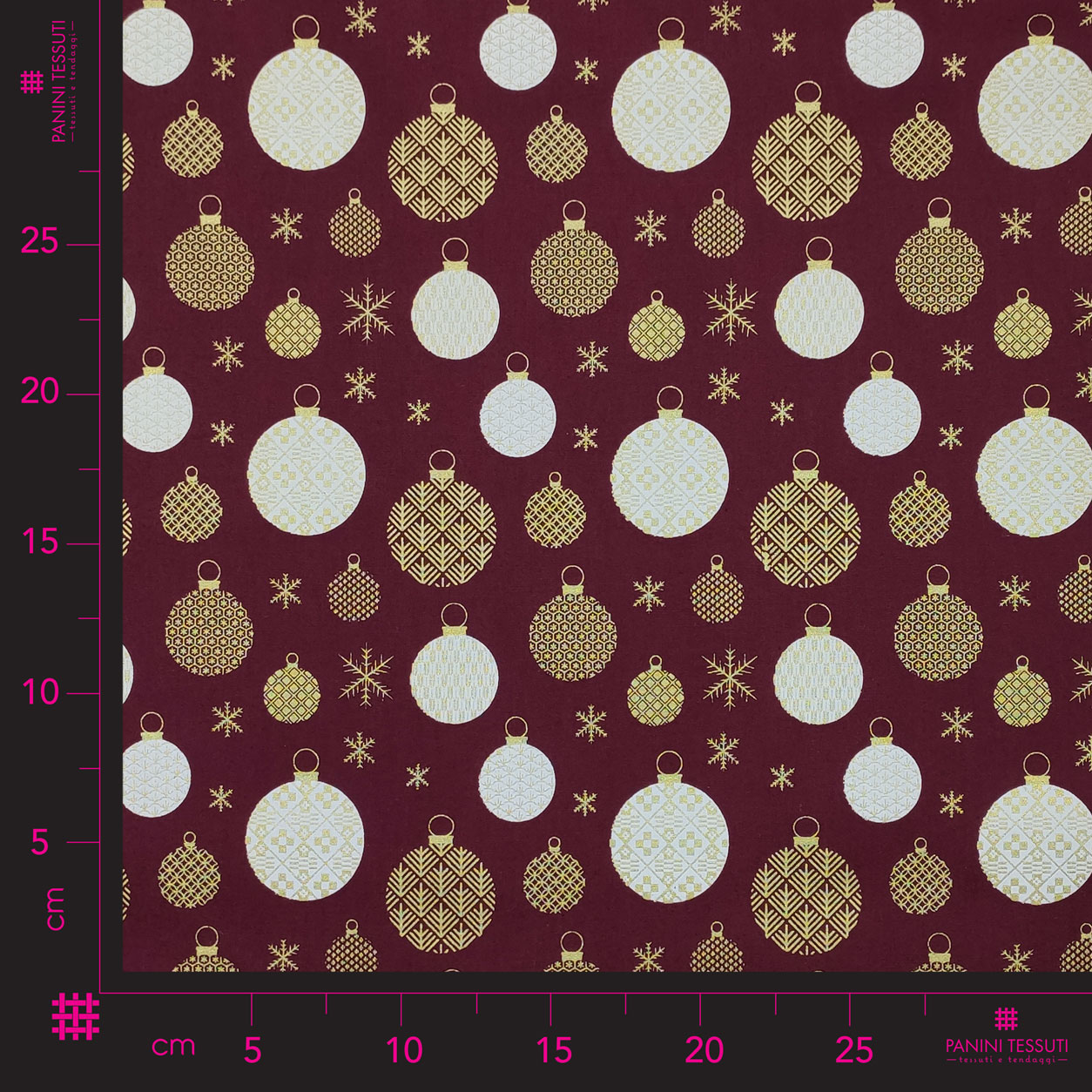 Tessuto in cotone palline natalizio oro sfondo bordeaux