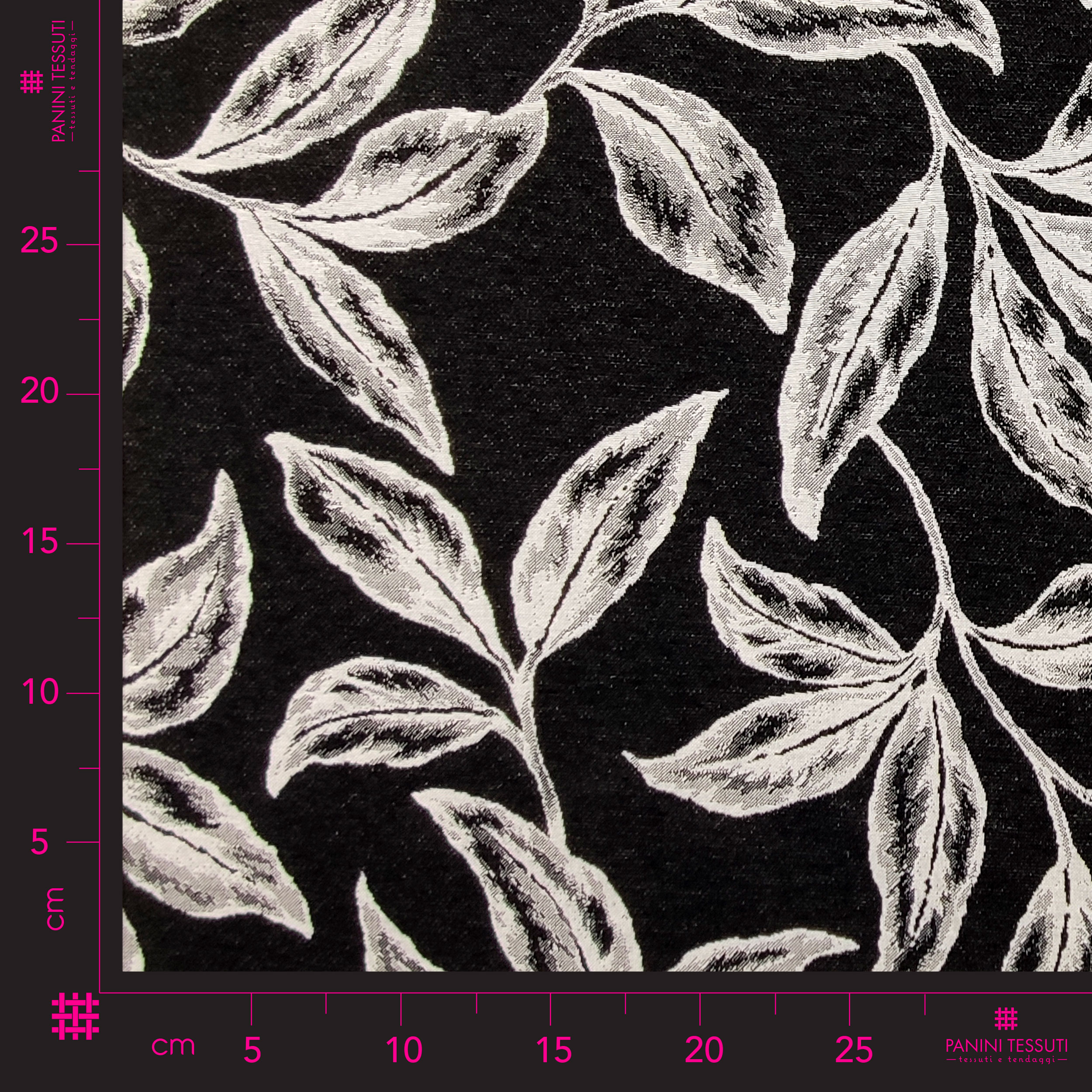 Tessuto Jacquard Sfondo Nero Foglie Bianche