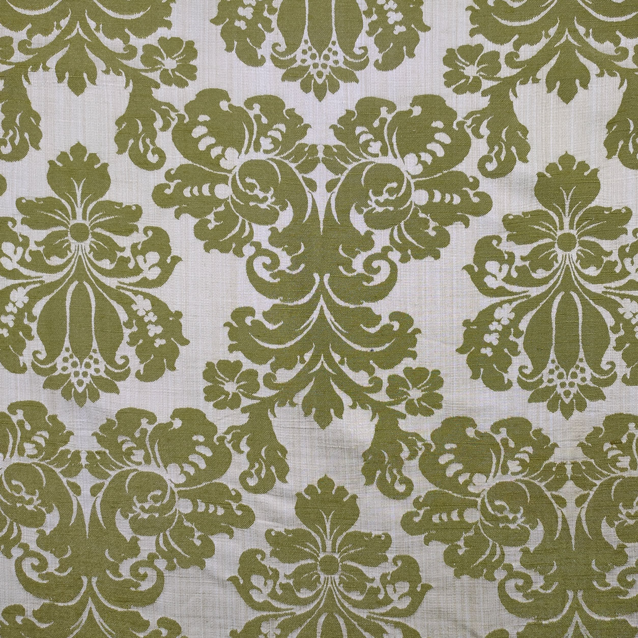 Tessuto Jacquard Damascato Misto Seta Verde Sfondo Beige