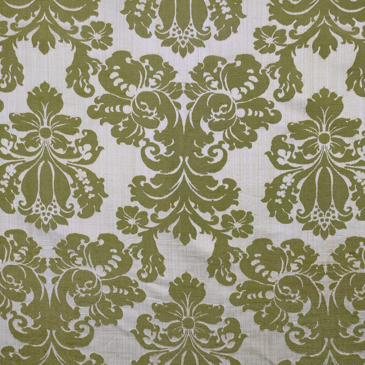 Tessuto Jacquard Damascato Misto Seta Verde Sfondo Beige