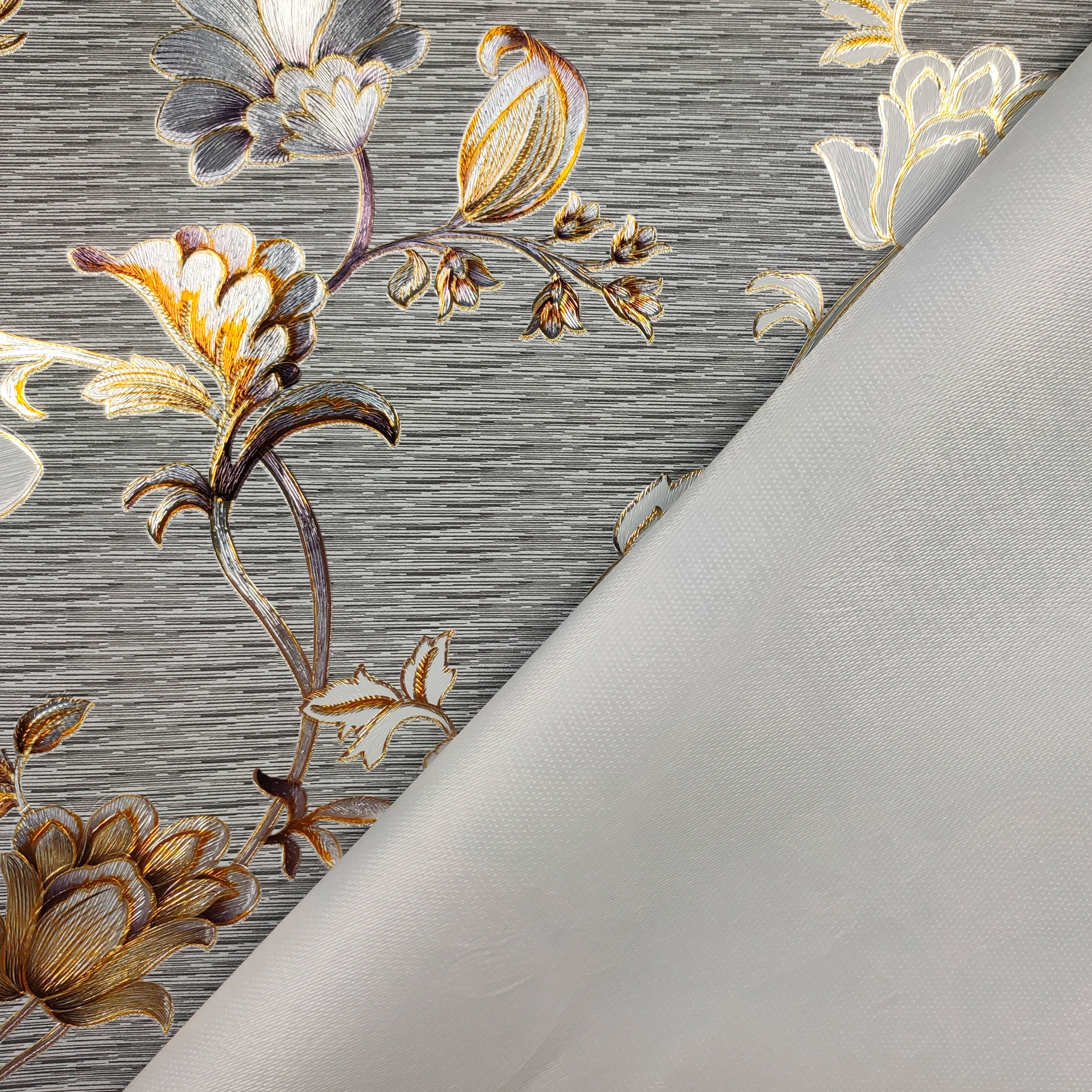 Tessuto Tovaglia Metallizzata Fiori Sfondo Grigio Image