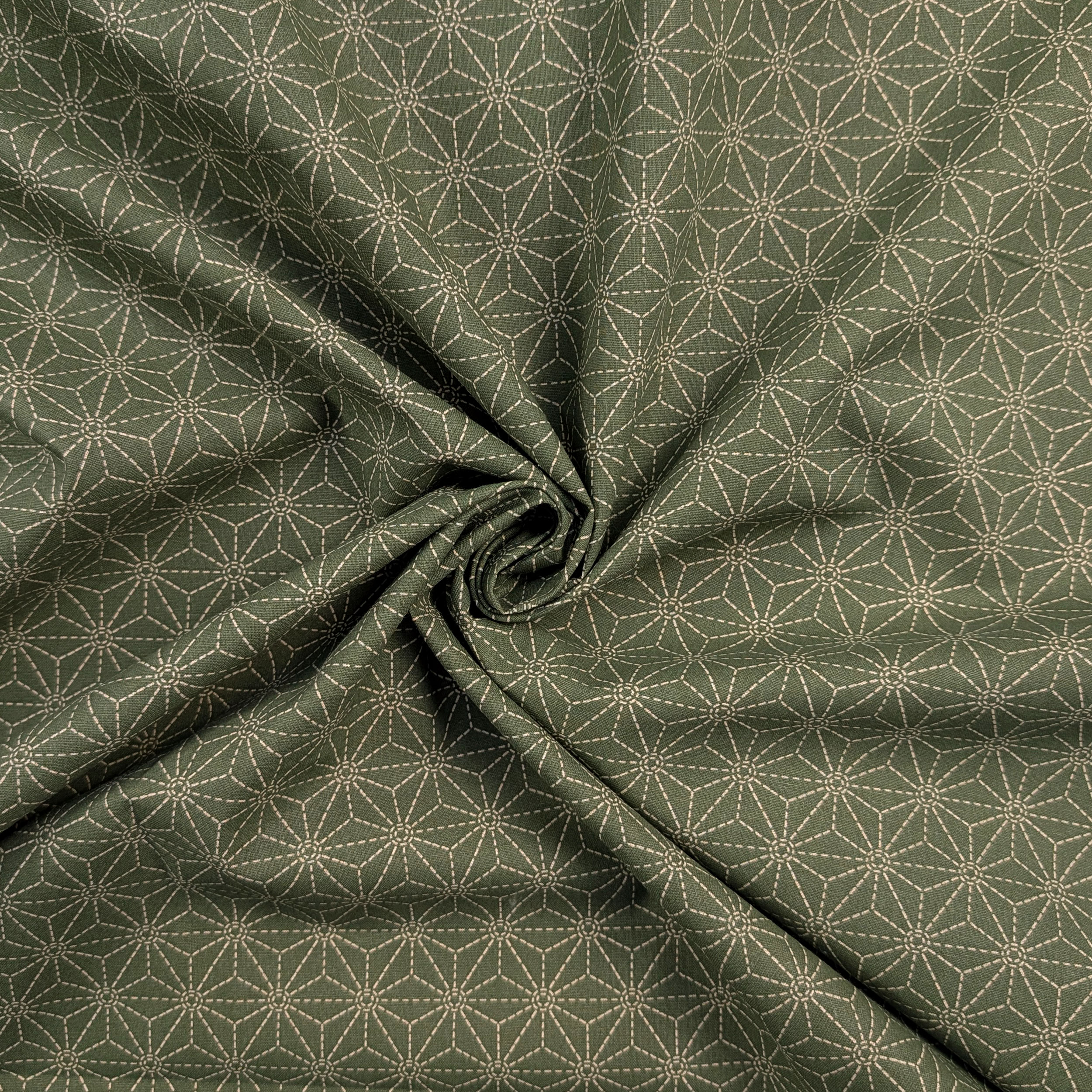 Popeline Cotone Oliva con Stelle Geometriche Image